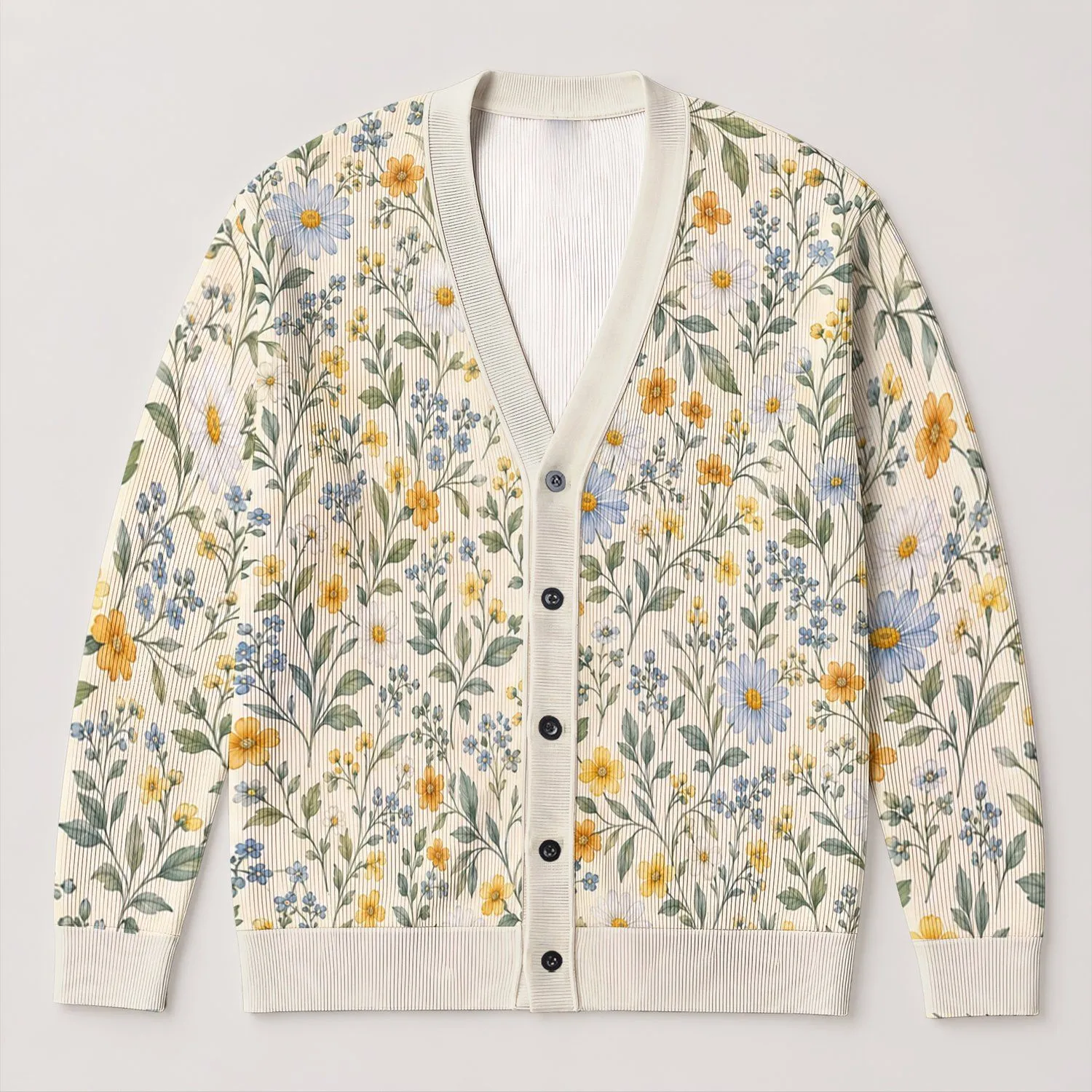 Blue And Yellow Meadow Flowers For Spring Layering, Garden Walks, And Daily Style All-over Print Knitted Cardigan - 1