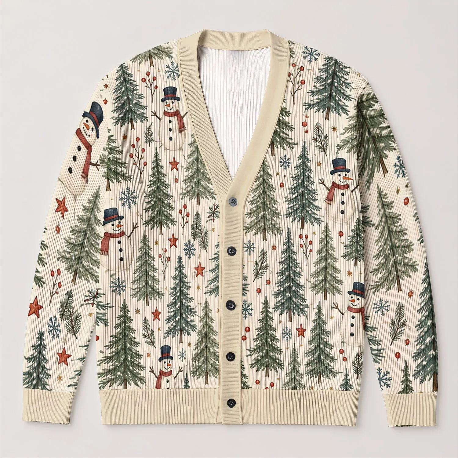 Snowmen and Evergreen Forest Holiday Cheer for Cozy Winter Layering Women's Seasonal Style All-over Print Knitted Cardigan - 1