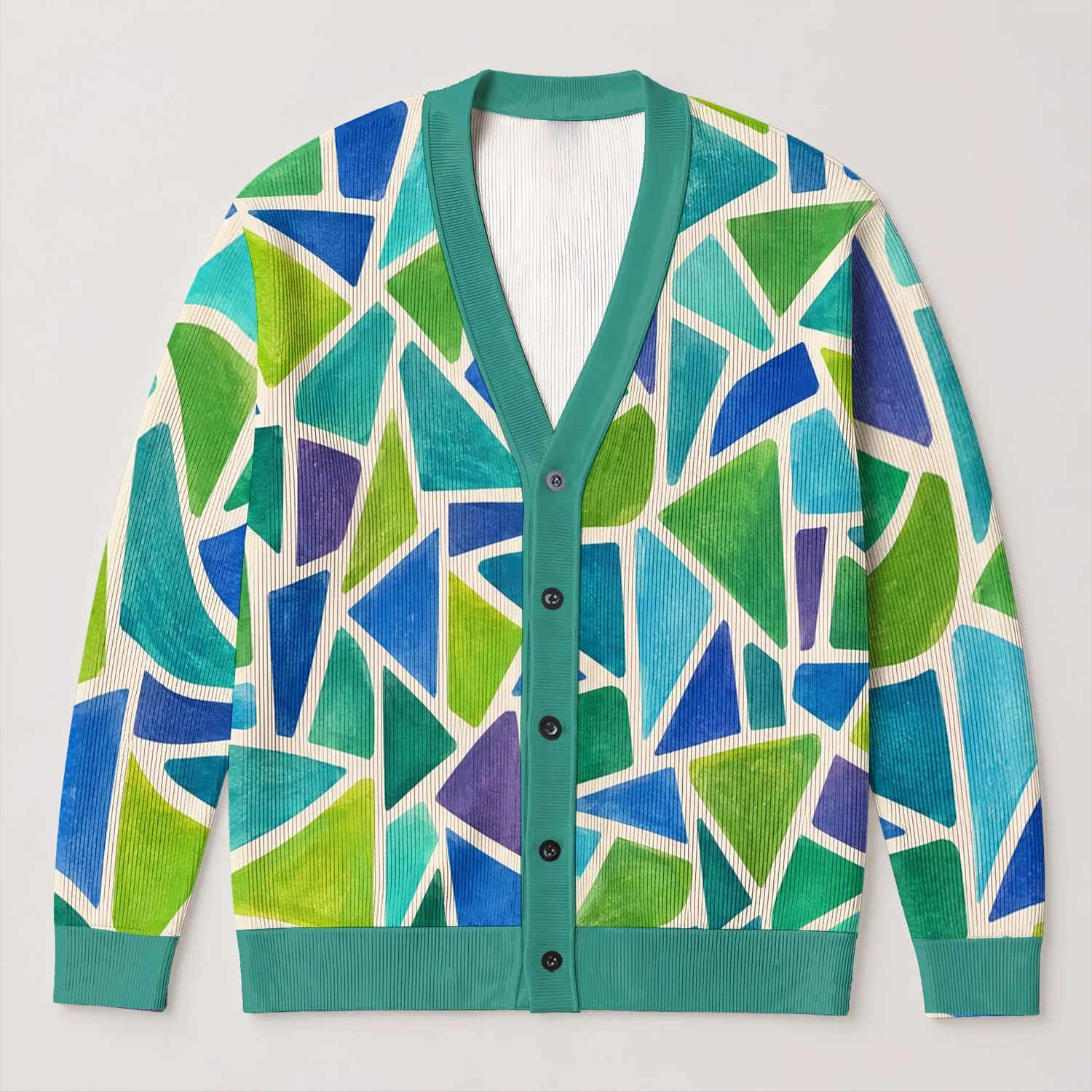Colorful Geometric Mosaic Style for Spring Autumn Layering and Everyday Women's Wardrobe All-over Print Knitted Cardigan - 1