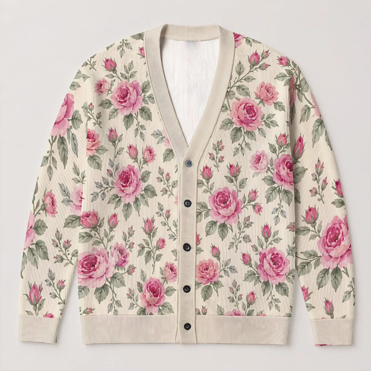 Pink Rose Botanical Blooms for Romantic Everyday Layering and Cottagecore Wardrobe Style All-over Print Knitted Cardigan - 1