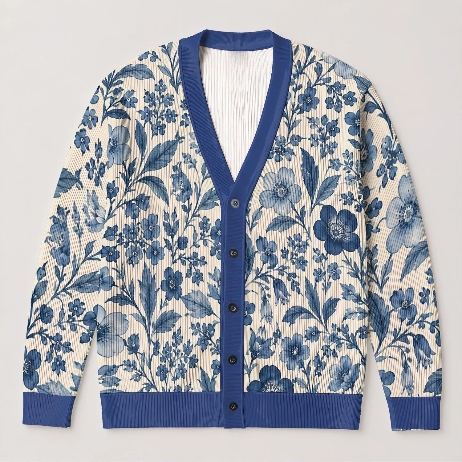 Indigo Botanical Blossoms For Relaxed Spring Layering And Everyday Women’s Wardrobe All-over Print Knitted Cardigan - 1