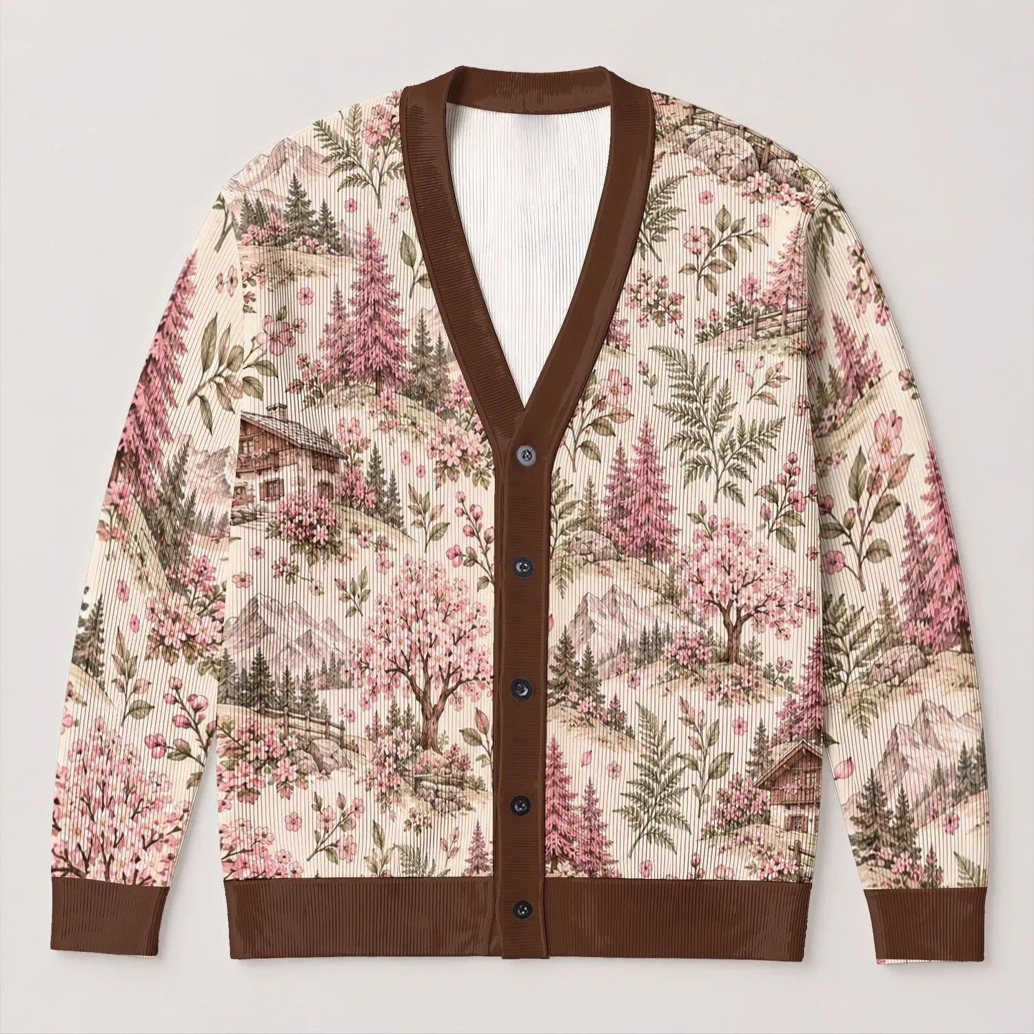 Pink Blossom Cottage Garden Scene for Spring Layering Women's Country Style All-over Print Knitted Cardigan - 1