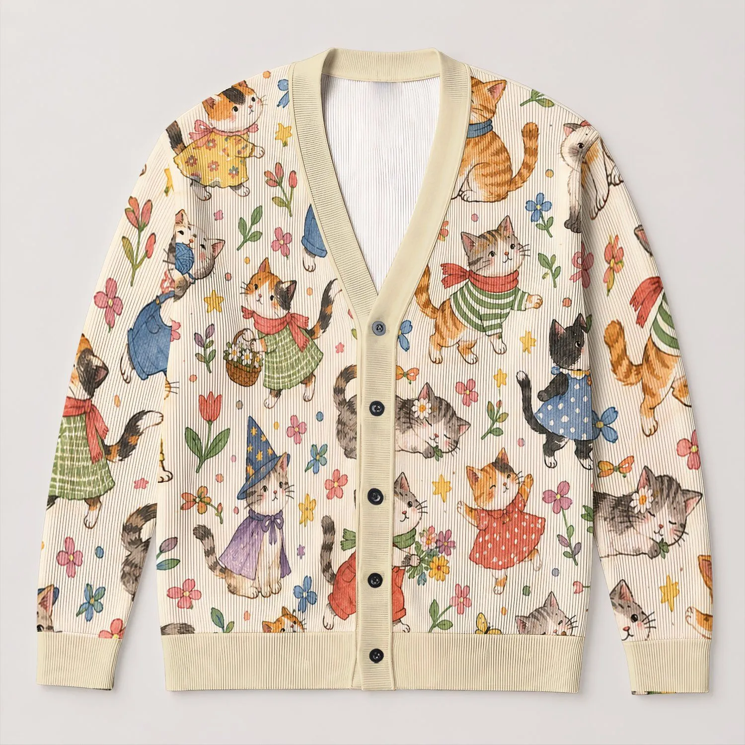 Whimsical Cat Outfit Scenes for Cozy Autumn Layering and Gifts for Cat Lovers Everywhere All-over Print Knitted Cardigan - 1