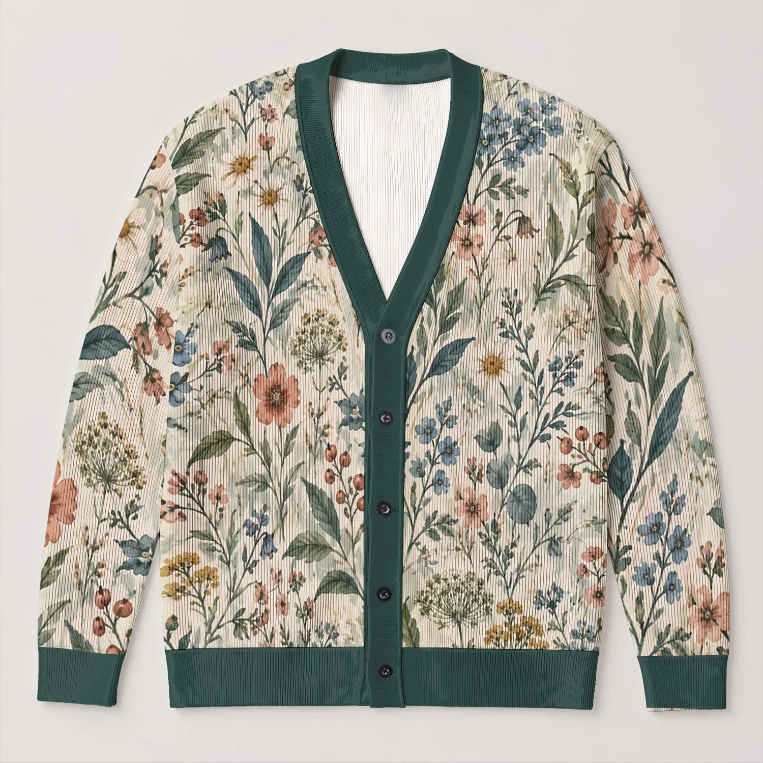 Botanical Meadow Florals for Relaxed Layering, Cottagecore Everyday Style, Nature Lovers All-over Print Knitted Cardigan - 1