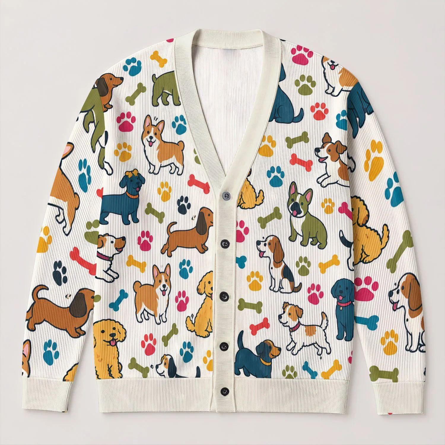 Colorful Dog Paw And Bone Motifs For Cozy Everyday Layering, Pet Lovers And Walks All-over Print Knitted Cardigan - 1