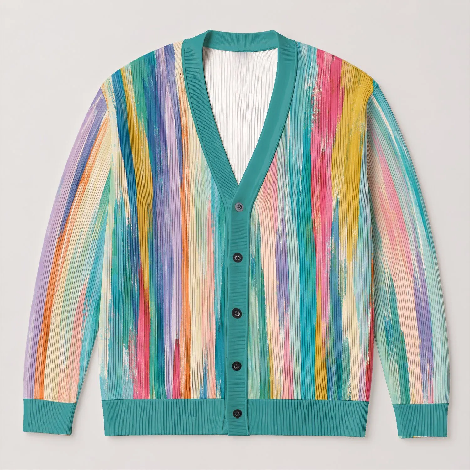 Multicolor Brushstroke Stripes for Casual Office Layering and Weekend Style Women All-over Print Knitted Cardigan - 1