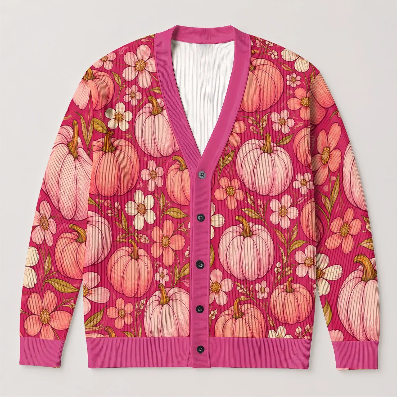 Pink Pumpkin Daisy Motifs for Cozy Autumn Layering and Casual Everyday Wear for Women All-over Print Knitted Cardigan - 1