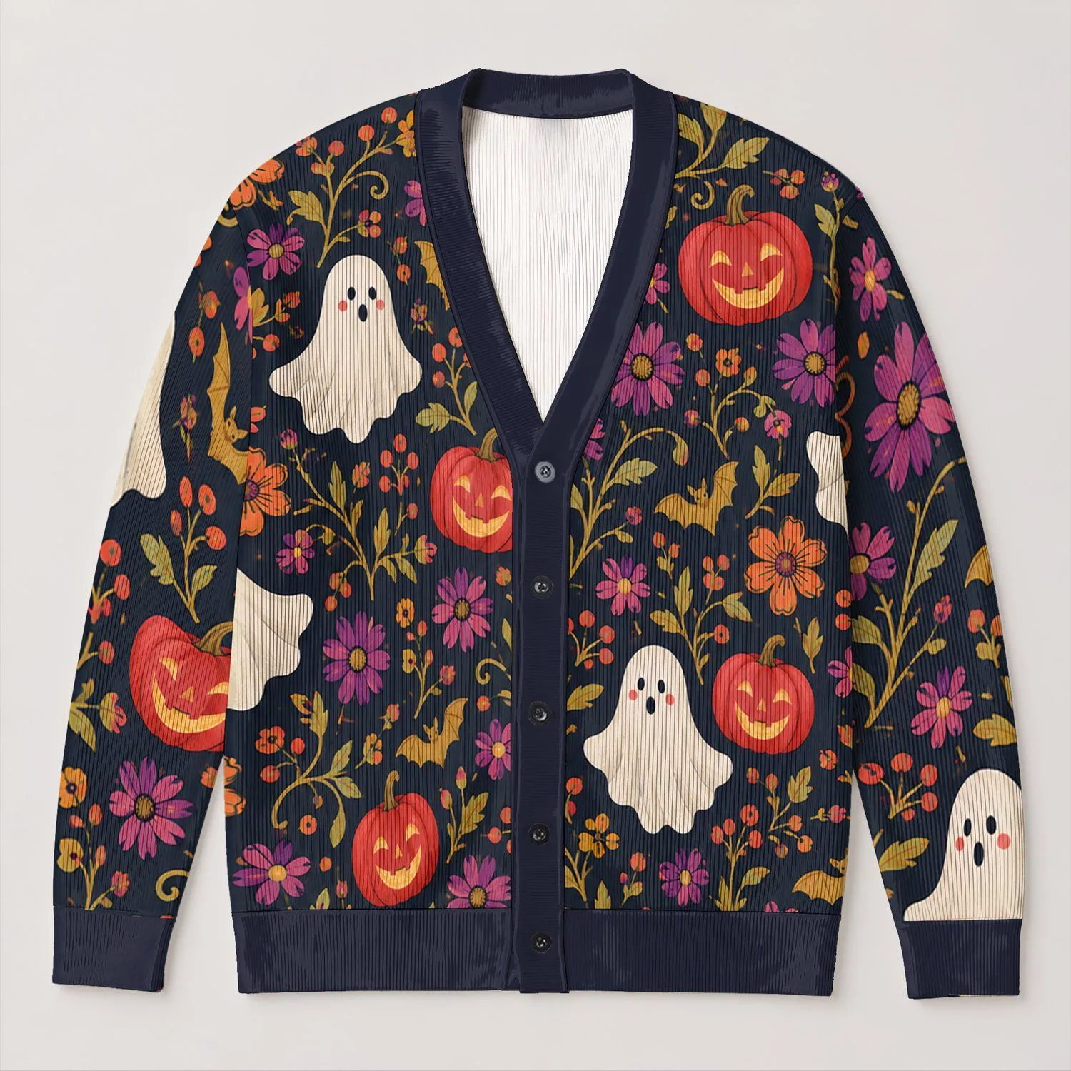 Ghosts And Jack-O’-Lanterns For Cozy Autumn Nights And Festive Weekend Layering Looks All-over Print Knitted Cardigan - 1