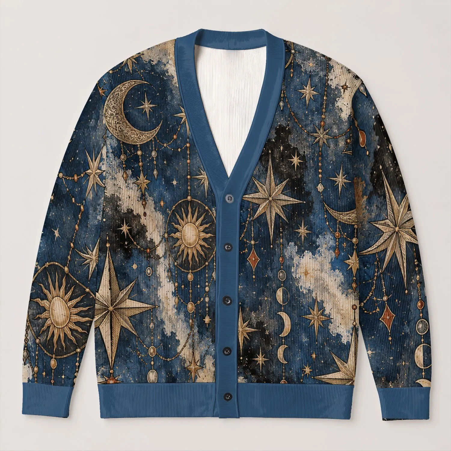 Celestial Gold Star And Chain Motifs For Relaxed Everyday Layering And Casual Style All-over Print Knitted Cardigan - 1