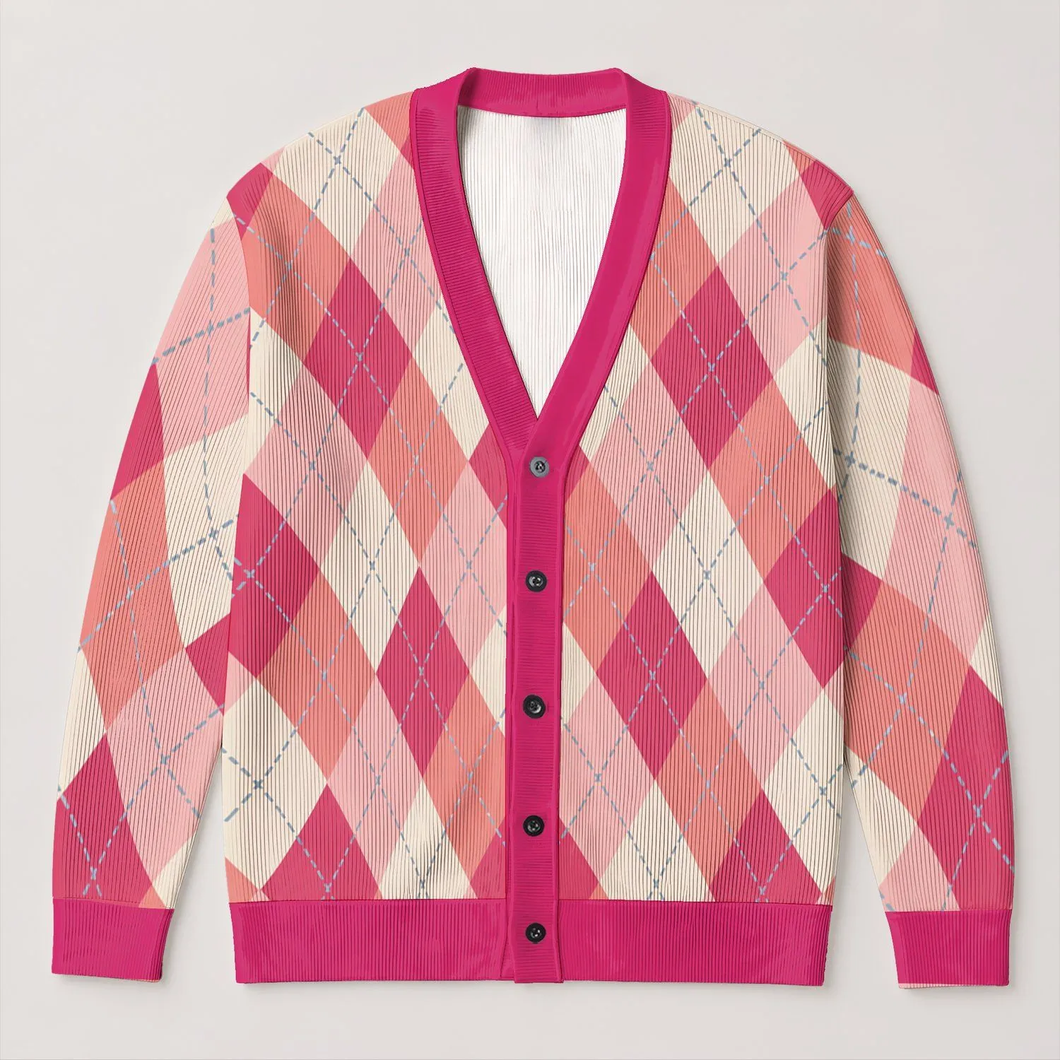 Pink Argyle Diamond Motif for Preppy Campus Layering and Everyday Weekend Style All-over Print Knitted Cardigan - 1