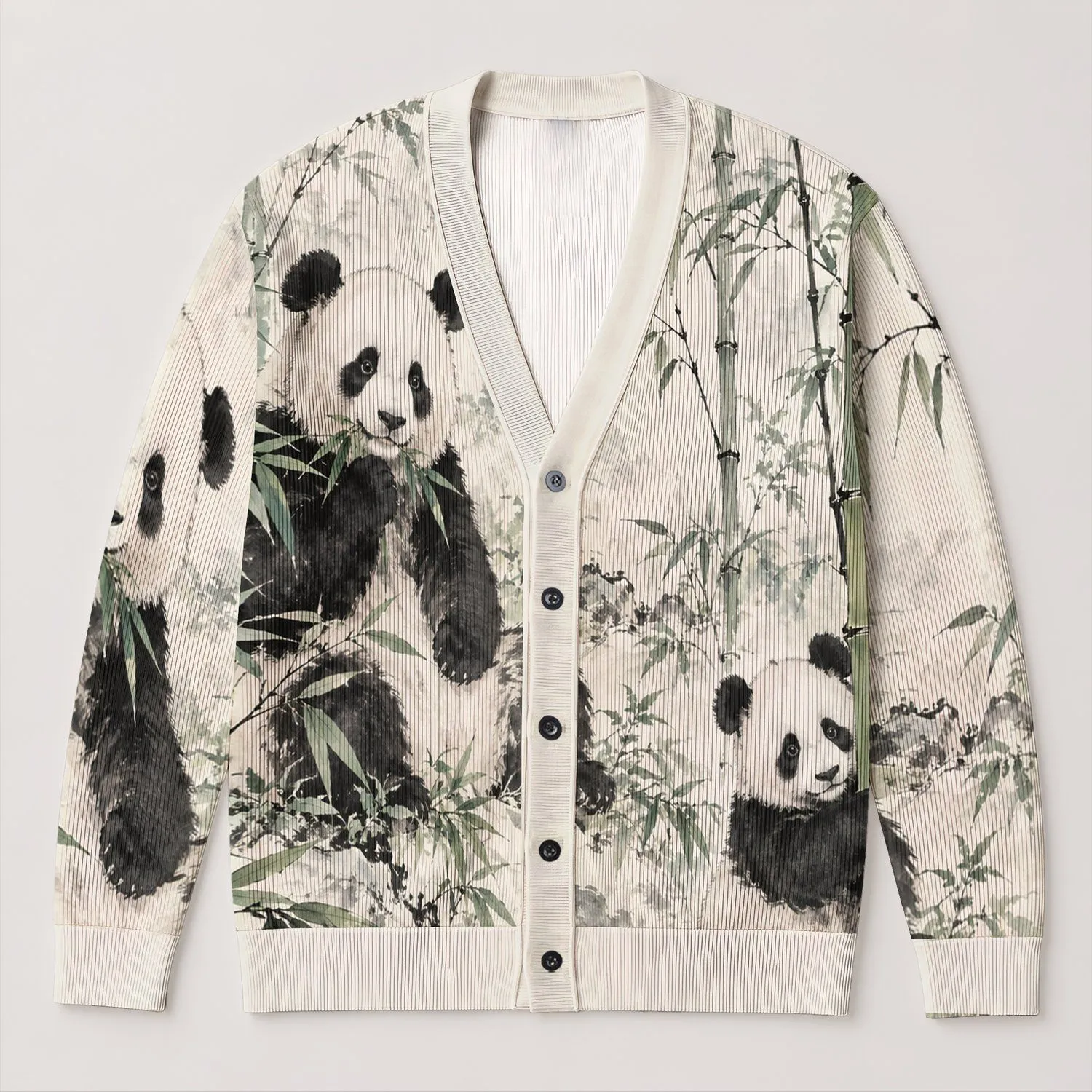 Panda And Bamboo Scene For Relaxed Everyday Layering And Nature Lovers All-over Print Knitted Cardigan - 1