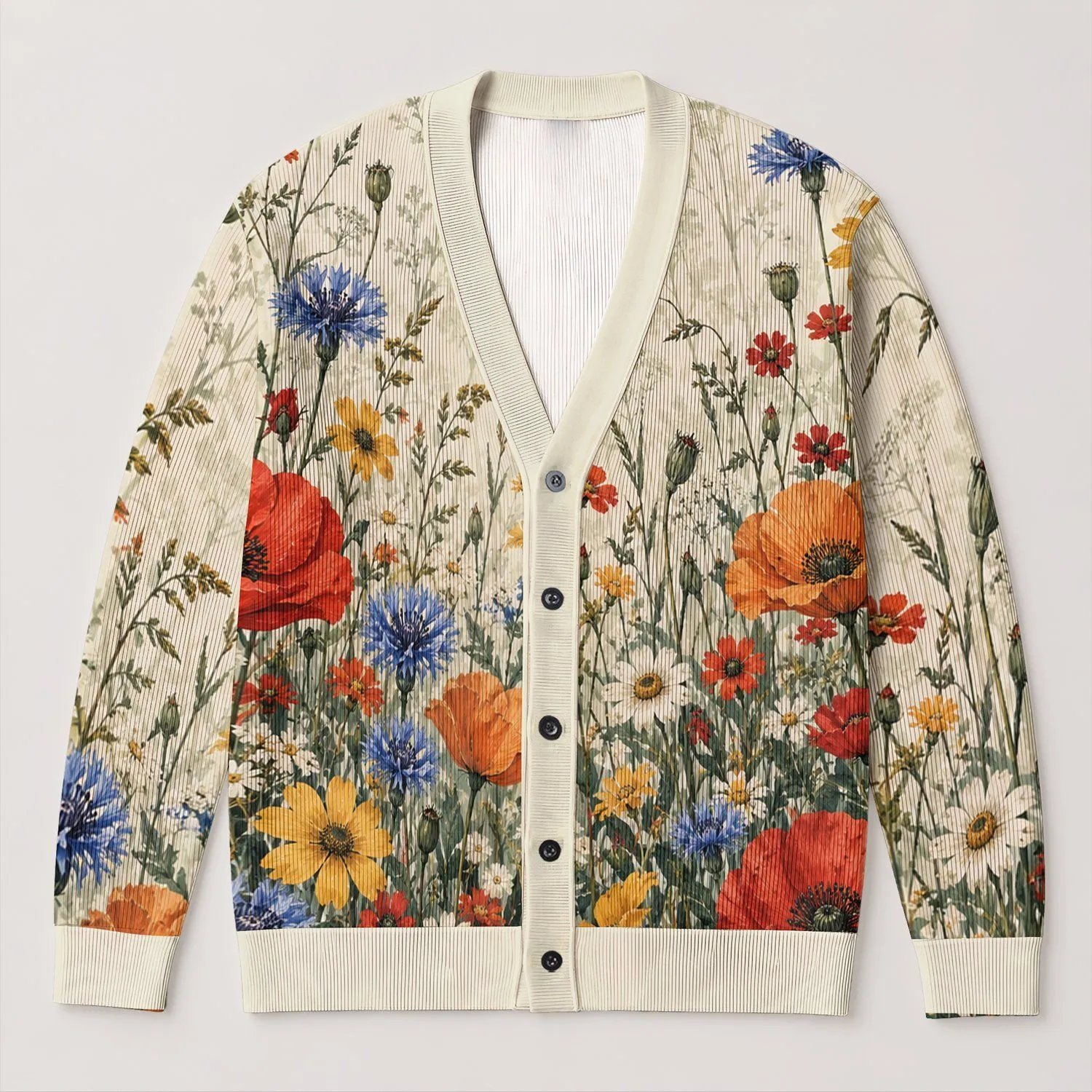 Colorful Wildflower Meadow Blooms for Relaxed Weekend Layering and Spring Style All-over Print Knitted Cardigan - 1