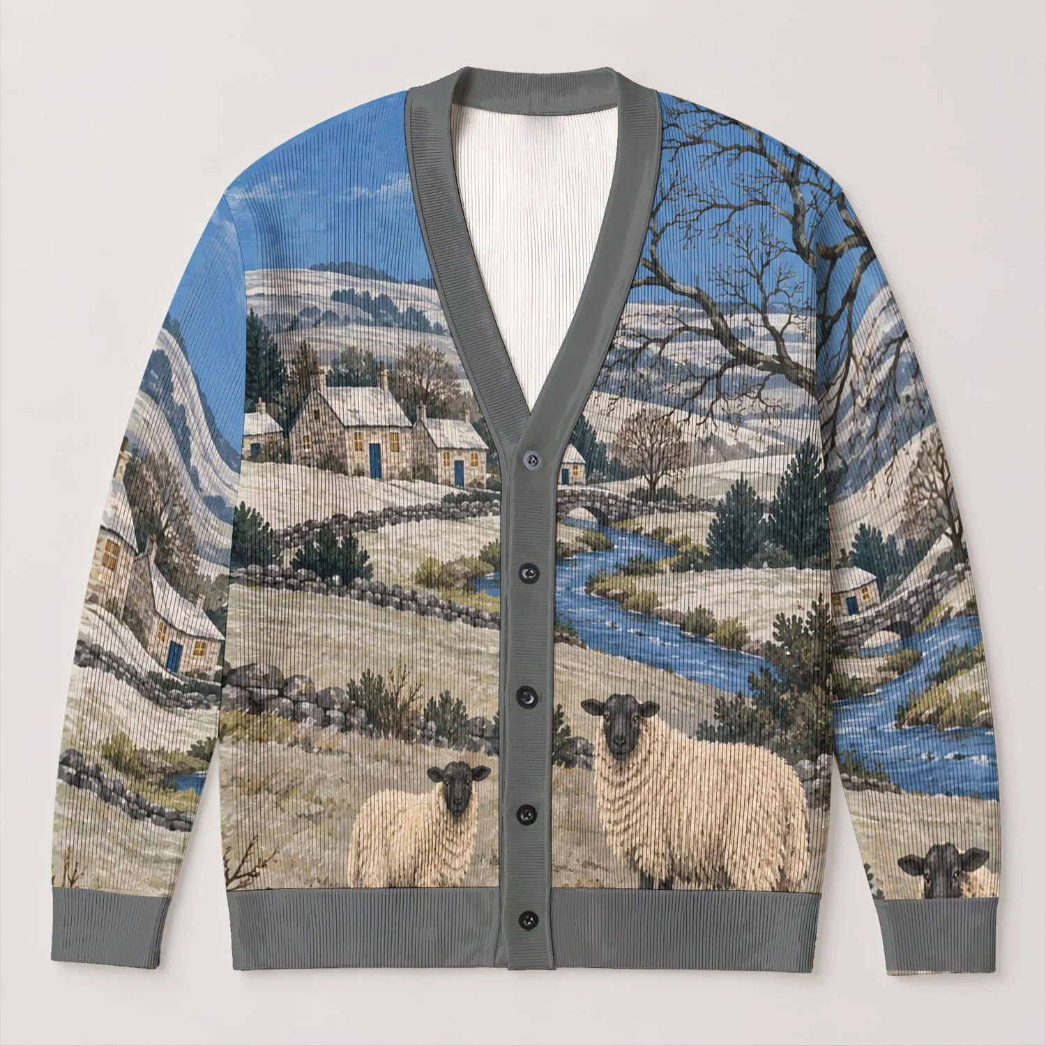 Sheep and Countryside Village Scene for Cozy Autumn Outings and Home Days All-over Print Knitted Cardigan - 1