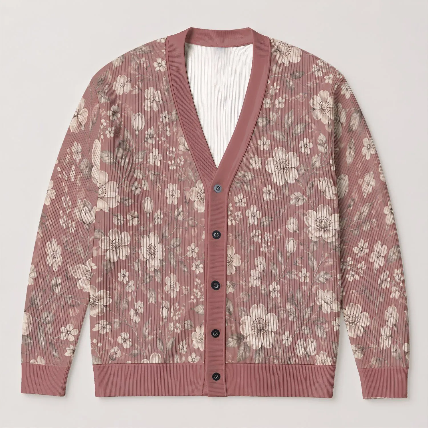 Dusty Rose Ivory Wildflower Blooms for Cozy Autumn Layering and Everyday Gifts for Her All-over Print Knitted Cardigan - 1