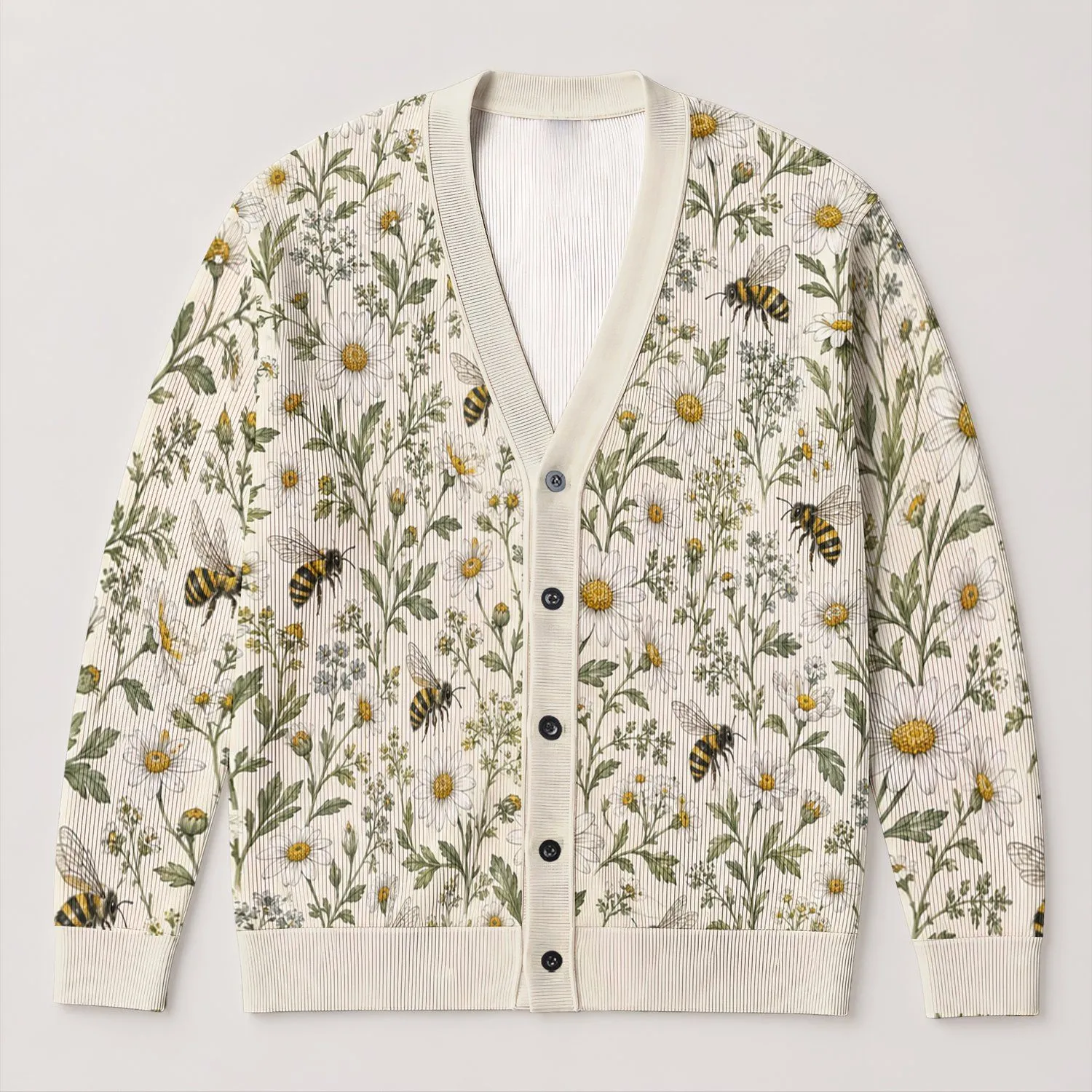 Daisy Bee Meadow Motifs for Relaxed Garden Days and Nature Inspired Layering All-over Print Knitted Cardigan - 1