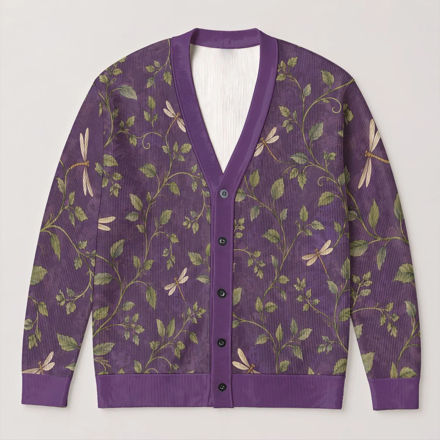 Purple Vine And Dragonfly Motifs For Relaxed Autumn Layering And Everyday Style All-over Print Knitted Cardigan - 1