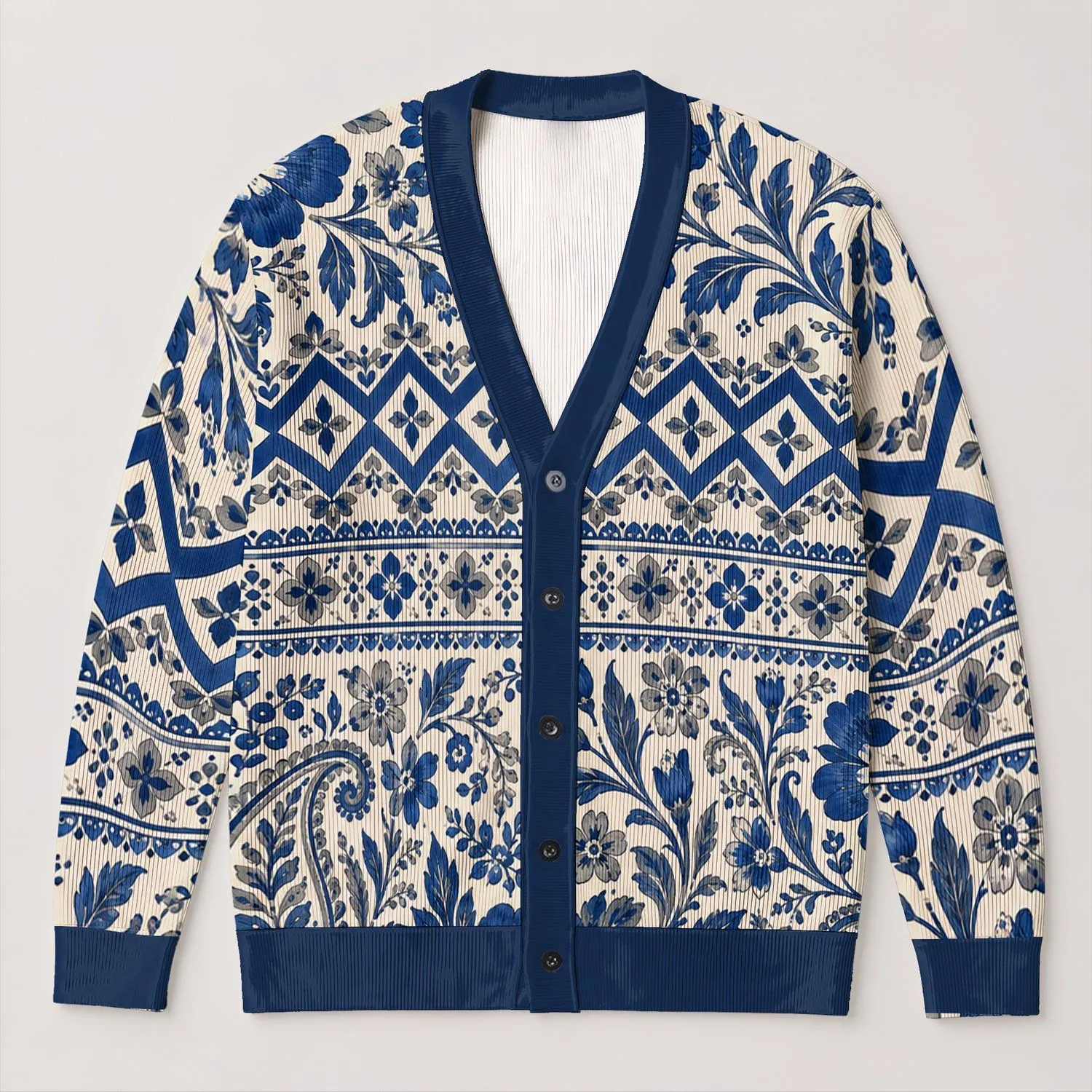 Blue and Ivory Folk Floral Motifs for Cozy Autumn Layering and Everyday Style All-over Print Knitted Cardigan - 1