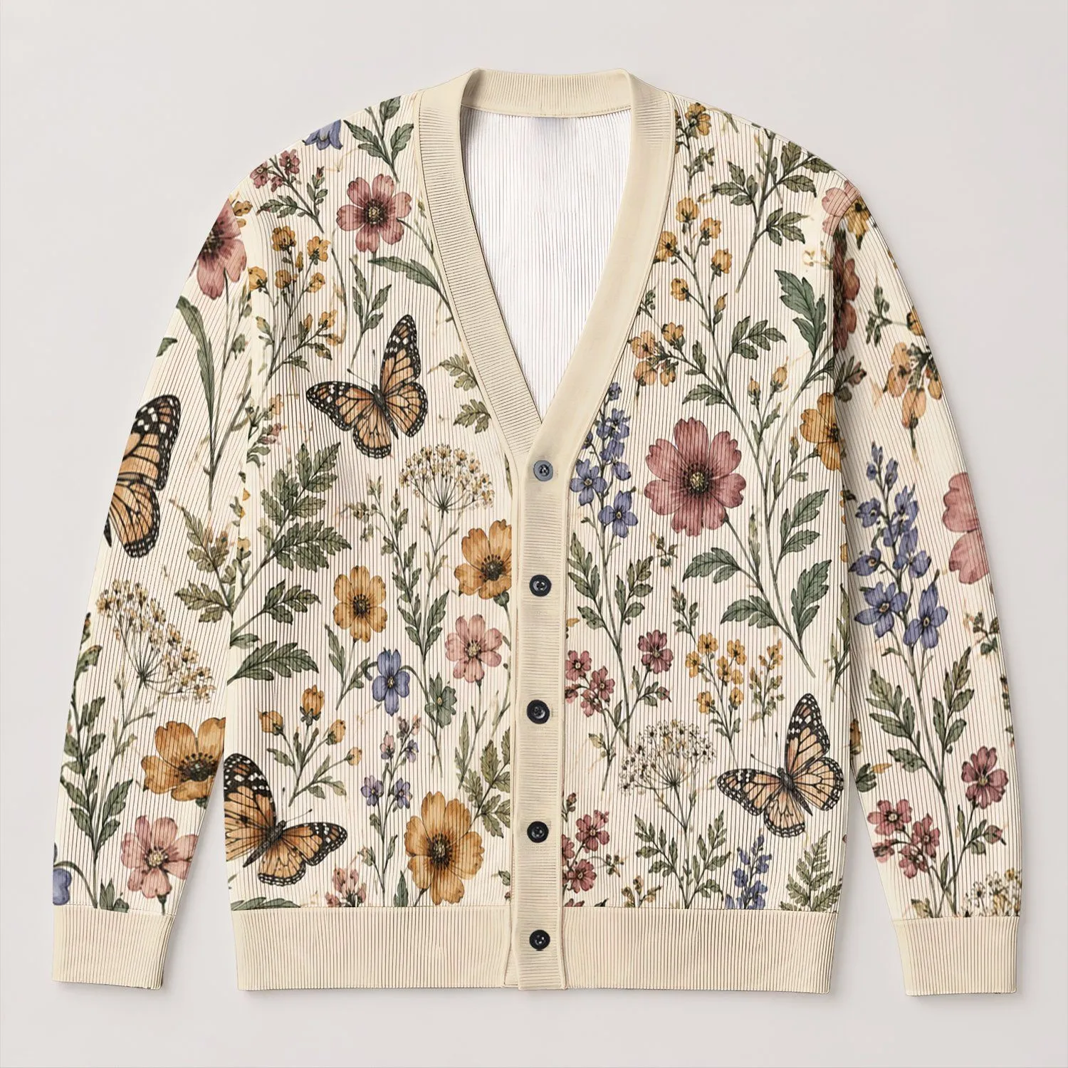 Butterflies And Wildflowers For Cozy Autumn Layering And Nature Inspired Style All-over Print Knitted Cardigan - 1