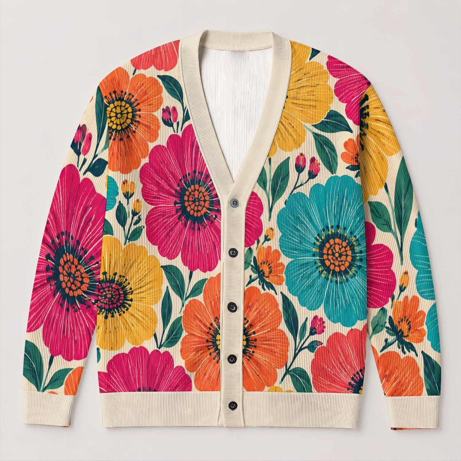 Colorful Retro Floral Blooms for Cheerful Spring Summer Everyday Layering All-over Print Knitted Cardigan - 1