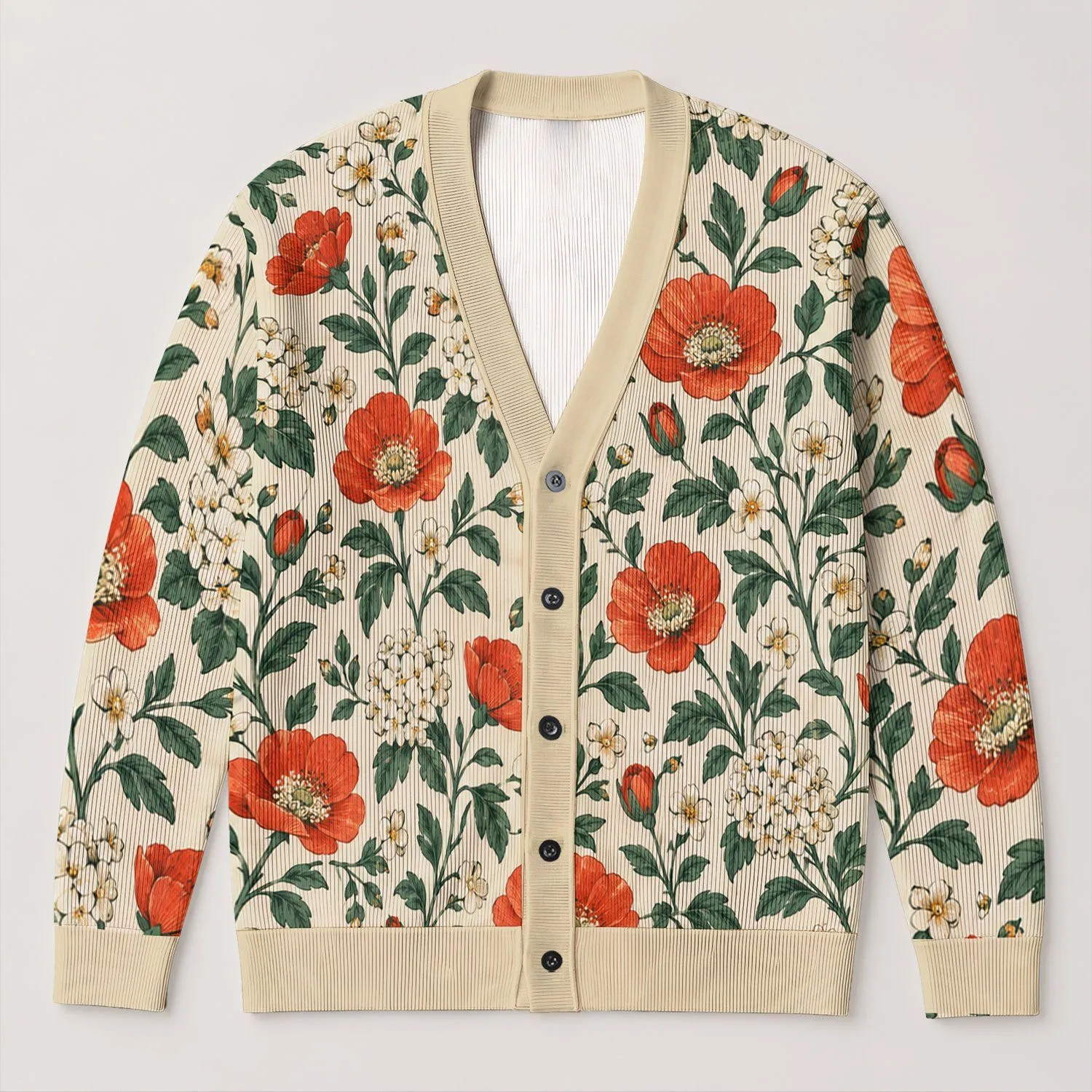 Cream Botanical Blooms for Relaxed Everyday Spring and Summer Outings and Layering All-over Print Knitted Cardigan - 1