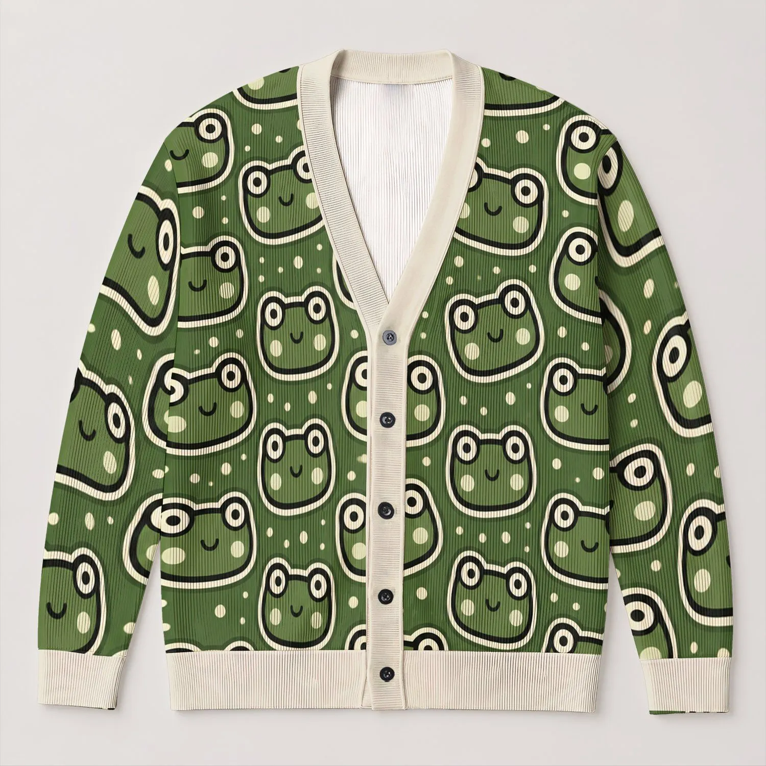 Green Frog Faces for Playful Everyday Outfits, Nature Lovers and Youthful Casual Style All-over Print Knitted Cardigan - 1