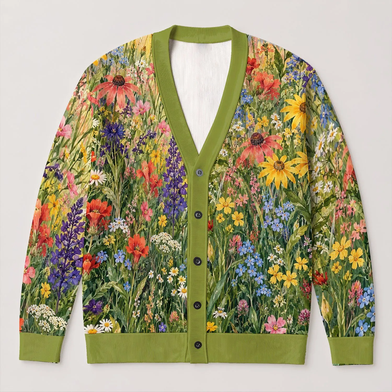Colorful Wildflower Meadow Botanical Layering Style for Everyday Spring Outfits All-over Print Knitted Cardigan - 1