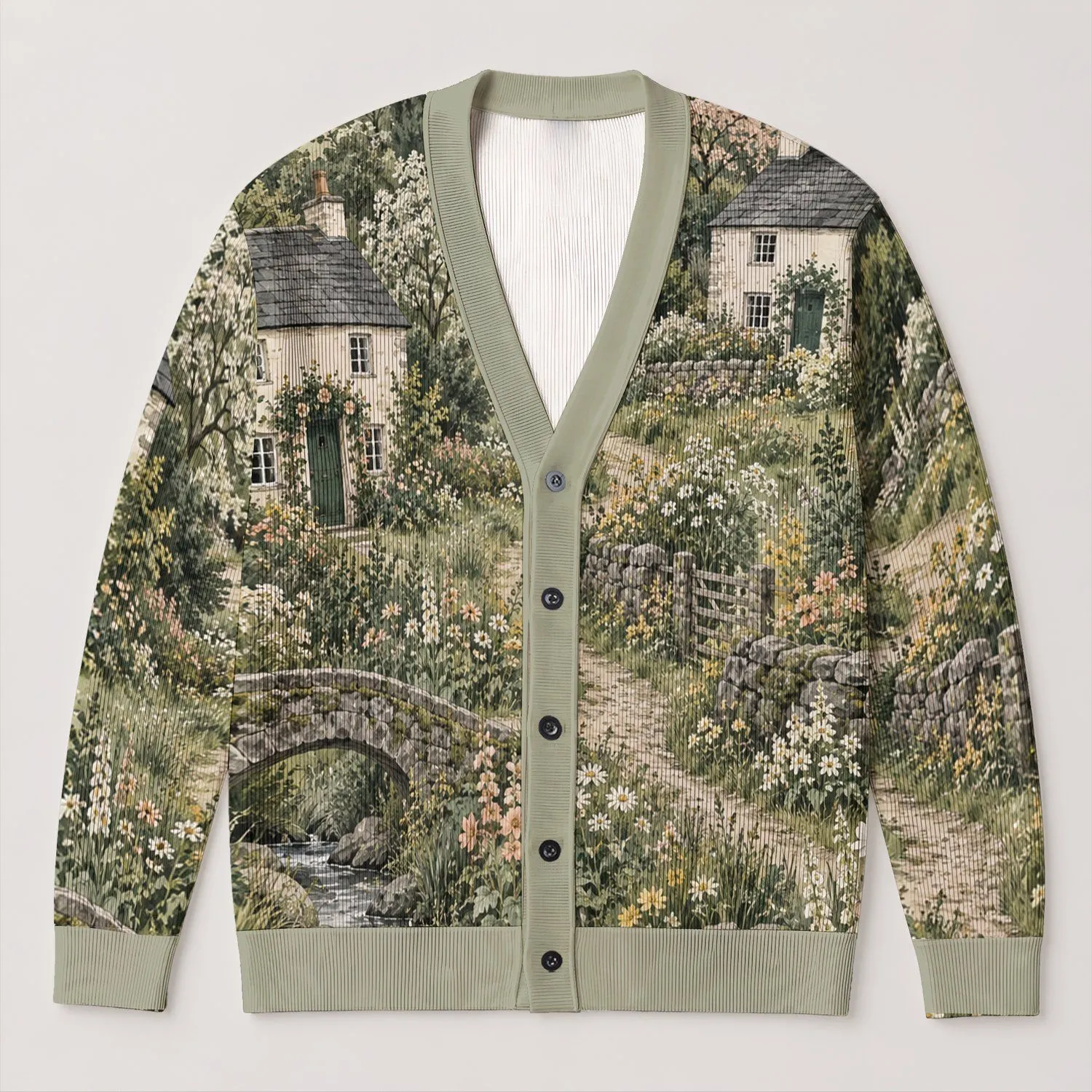 Cottage Garden Village Meadow Scene for Relaxed Autumn Layering Women's Wardrobe All-over Print Knitted Cardigan - 1