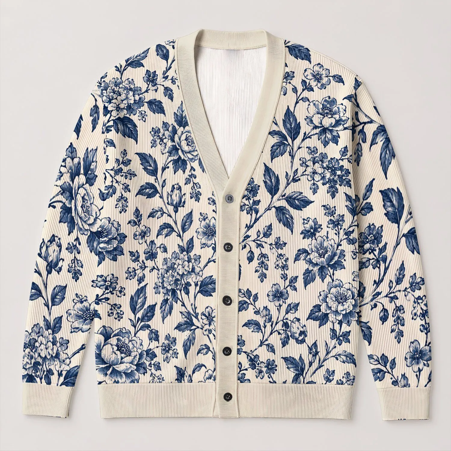Navy Blue Botanical Flowers for Relaxed Everyday Layering and Cottage Garden Style All-over Print Knitted Cardigan - 1