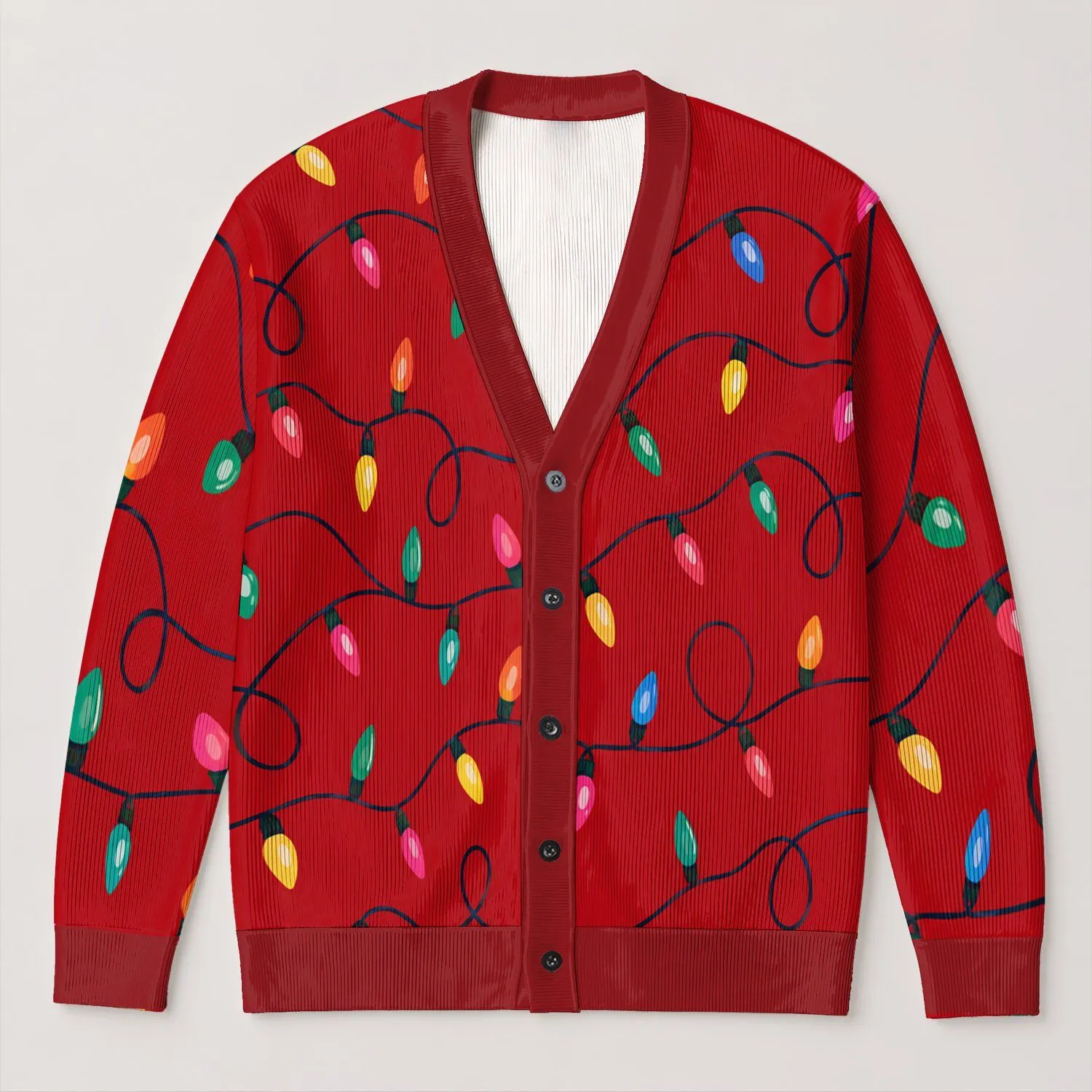 Red Holiday String Lights Cozy Layering Gift For Women Christmas Party Outfit Style All-over Print Knitted Cardigan - 1