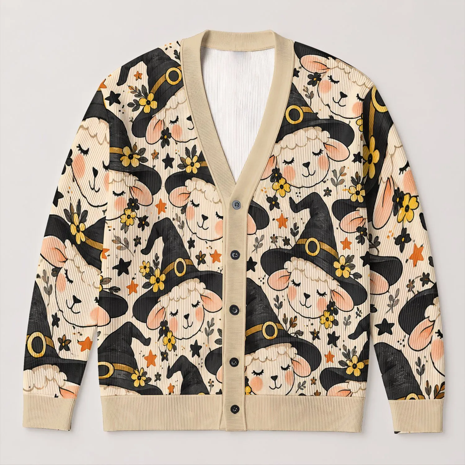 Whimsical Sheep Faces and Celestial Stars for Cozy Everyday Layering, Women’s Style All-over Print Knitted Cardigan - 1