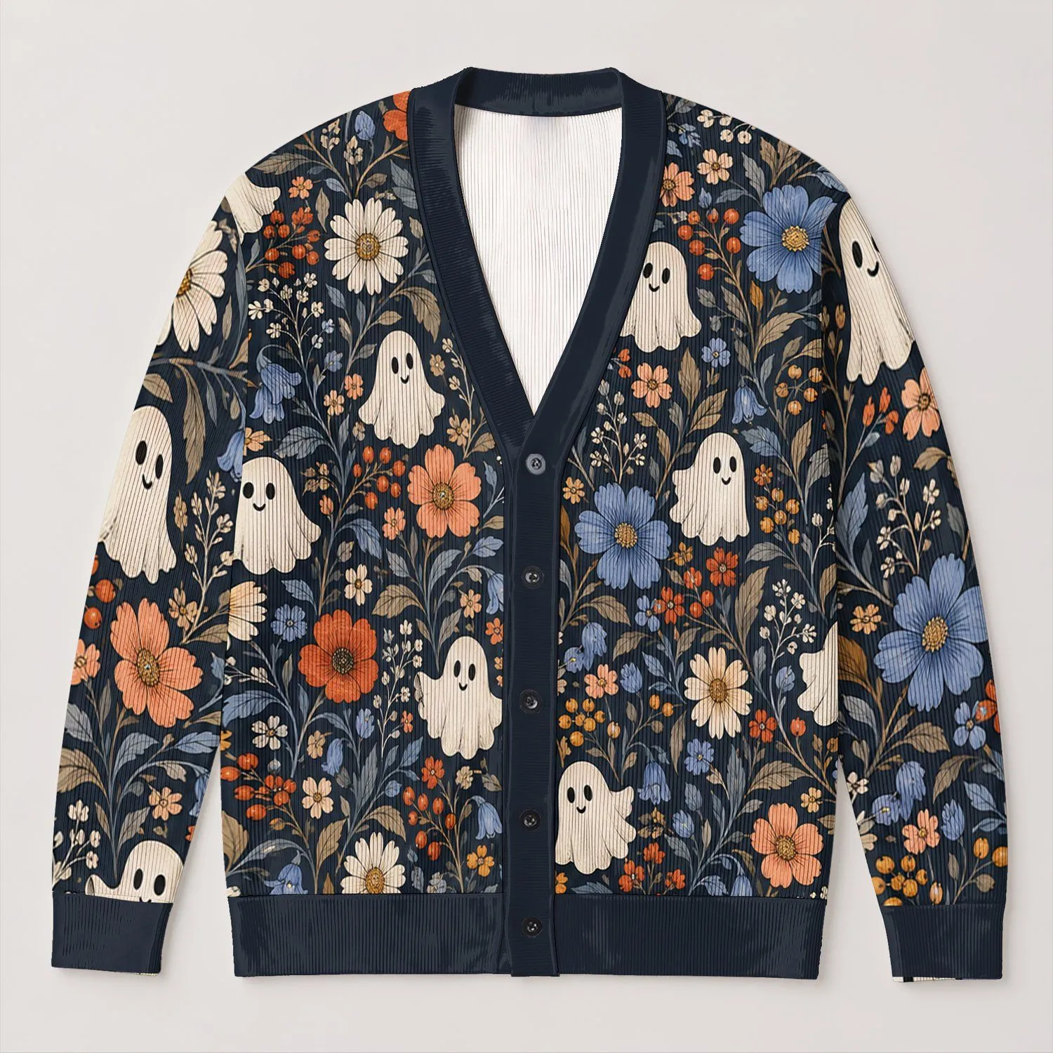 Whimsical Ghosts And Wildflowers For Autumn Layering And Everyday Casual Style For Women All-over Print Knitted Cardigan - 1