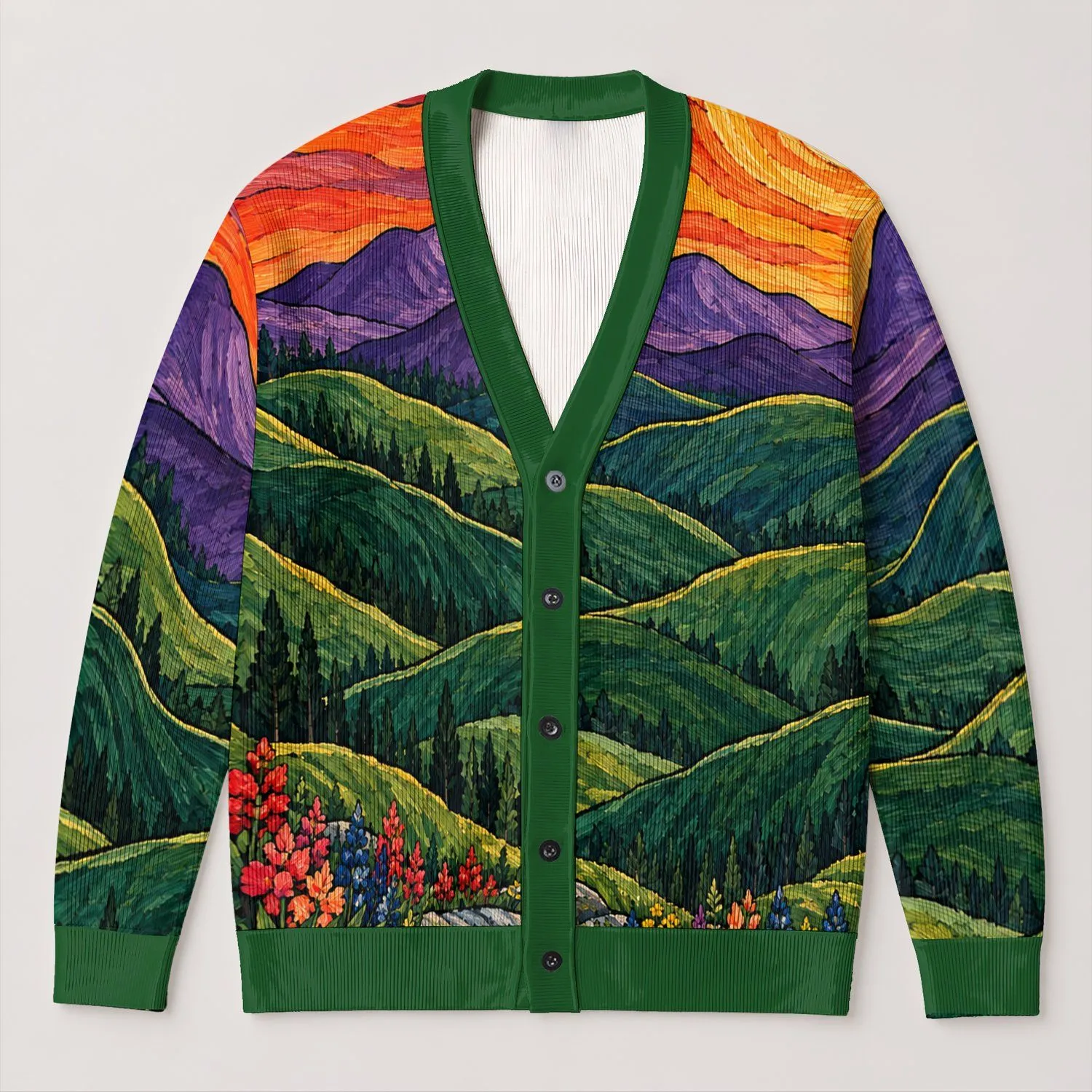 Sunset Mountain Meadow Landscape For Casual Layering And Weekend Outdoor Everyday Style All-over Print Knitted Cardigan - 1