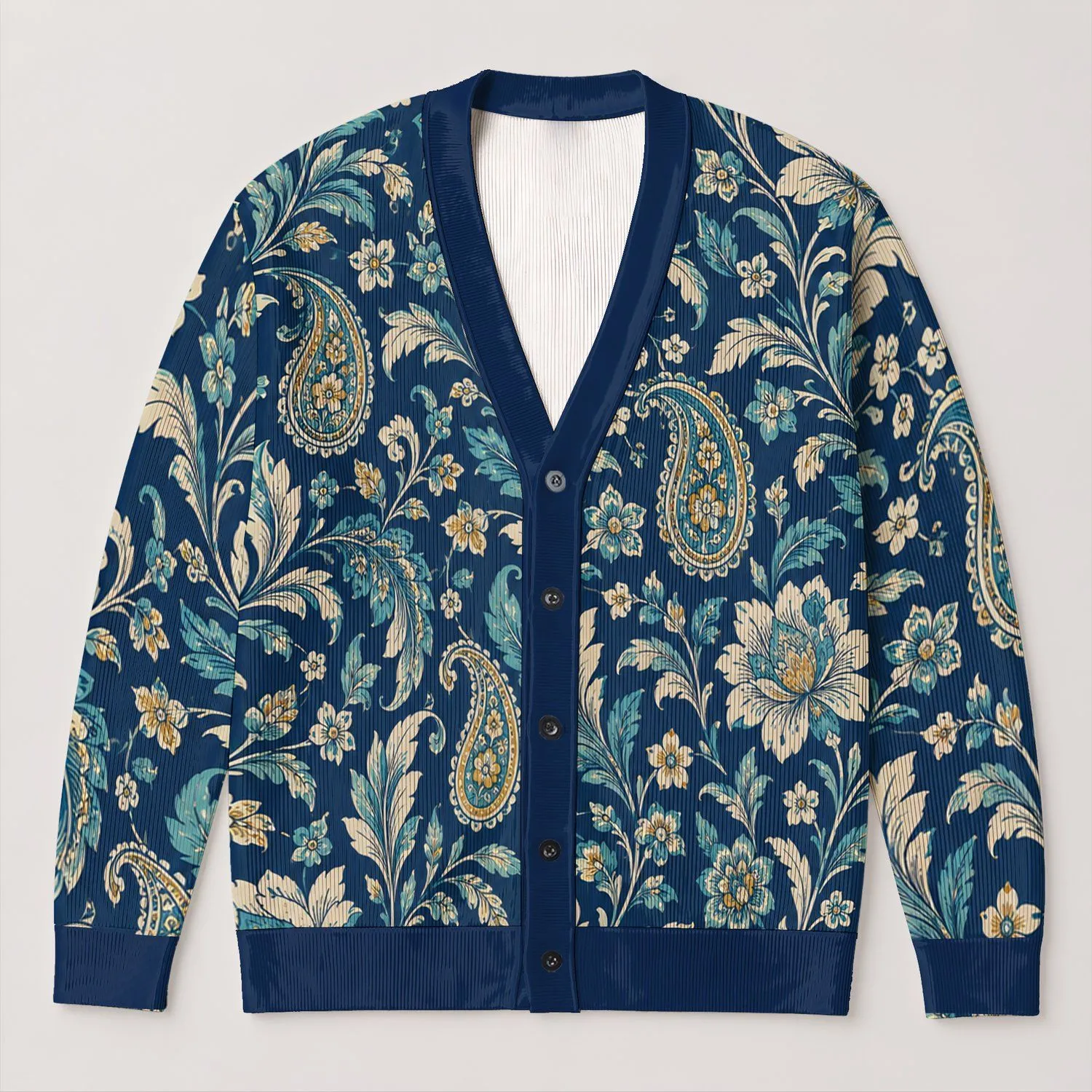 Navy Teal Paisley Florals For Bohemian Everyday Layering And Relaxed Weekend Style All-over Print Knitted Cardigan - 1
