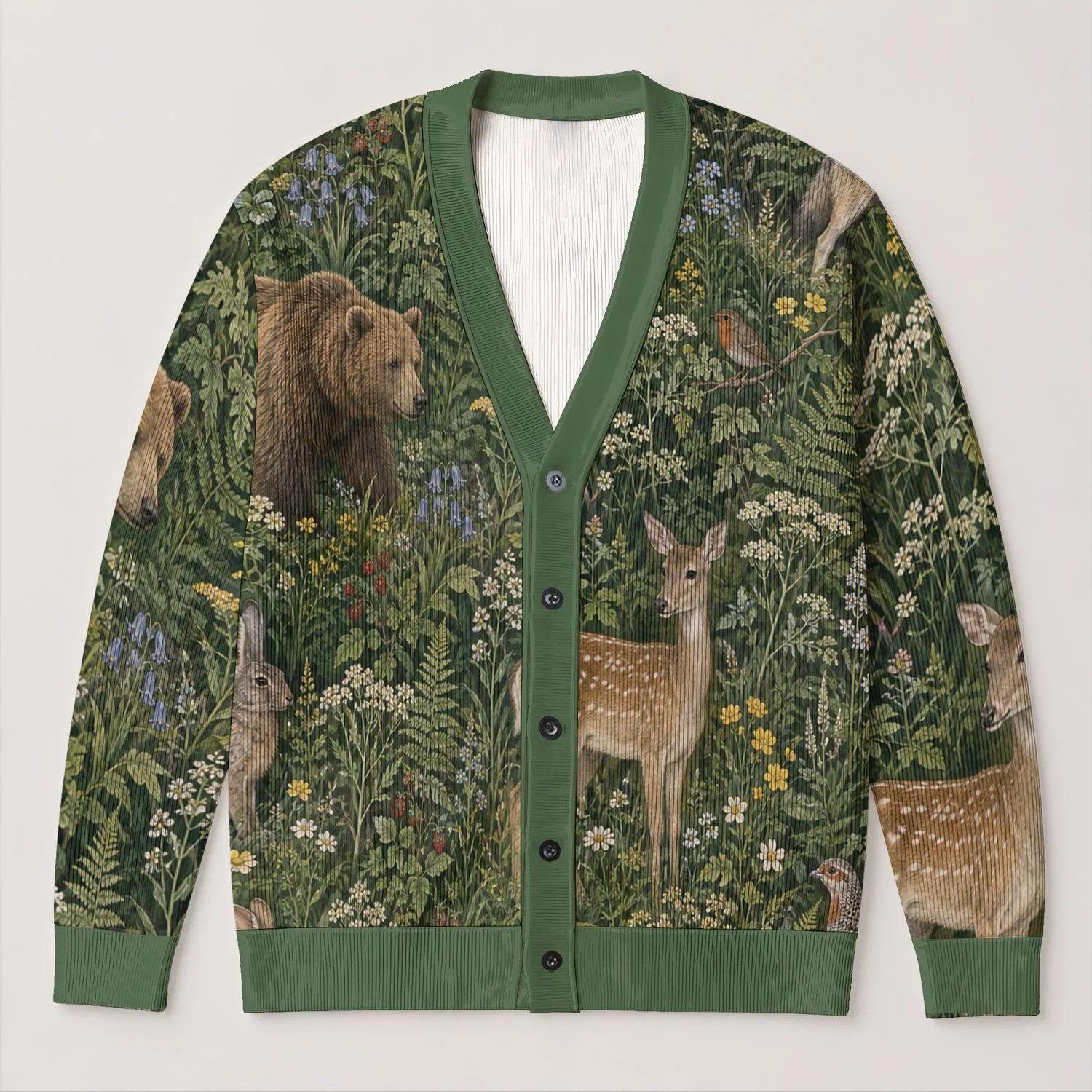 Woodland Animals and Wildflowers for Cozy Nature Walks and Everyday Layering All-over Print Knitted Cardigan - 1