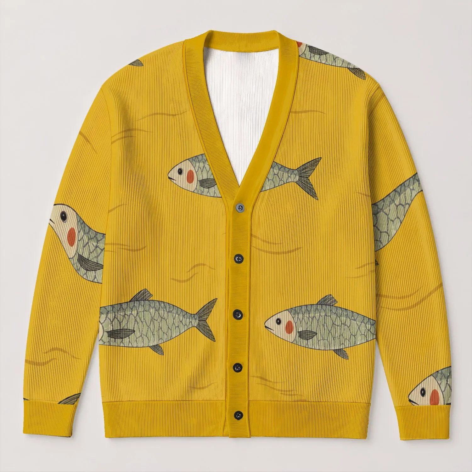 Silver Pond Fish Motifs for Coastal Weekends, Market Days, and Easy Everyday Layering All-over Print Knitted Cardigan - 1