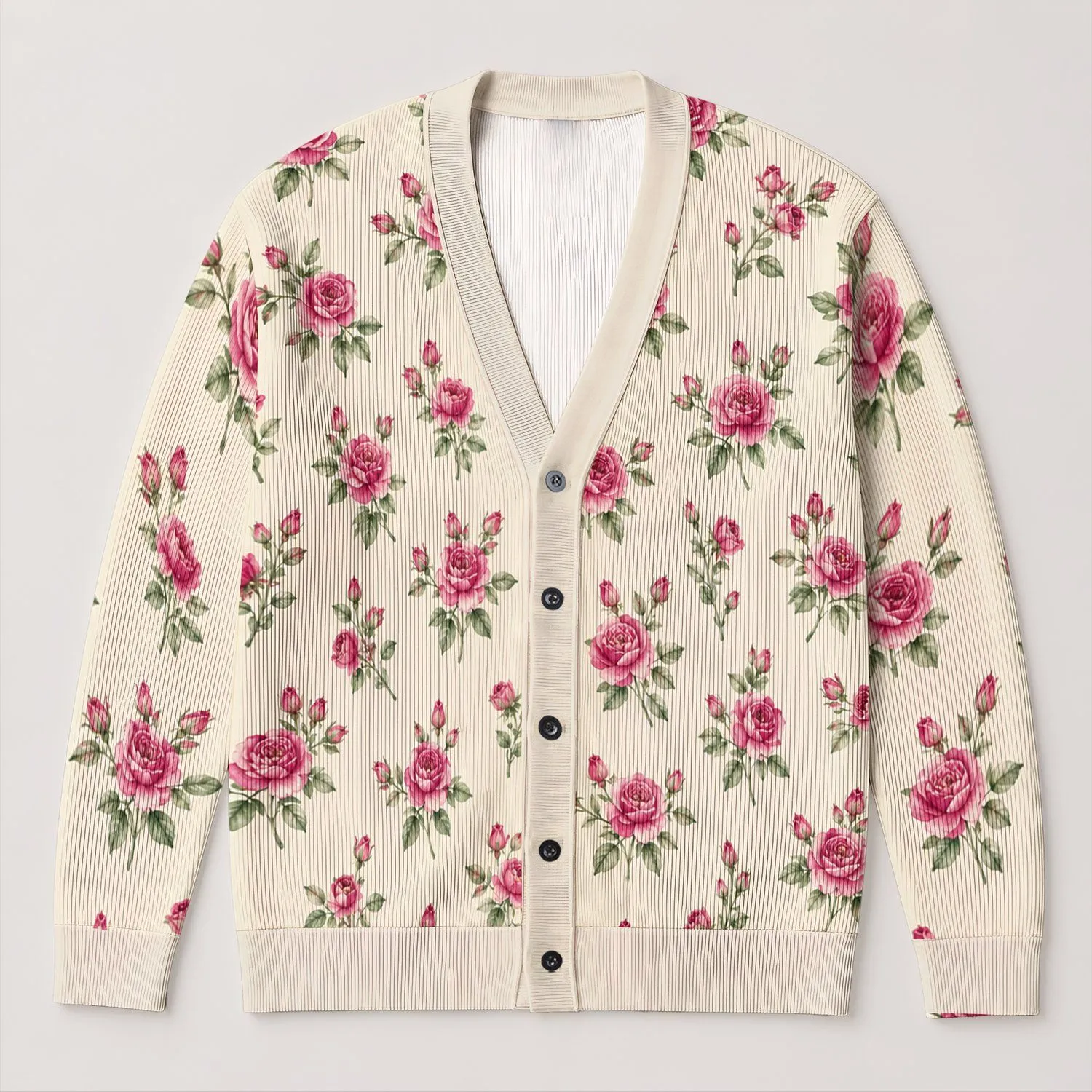 Pink Rose Sprigs for Romantic Everyday Layering and Soft Cottagecore Style All-over Print Knitted Cardigan - 1