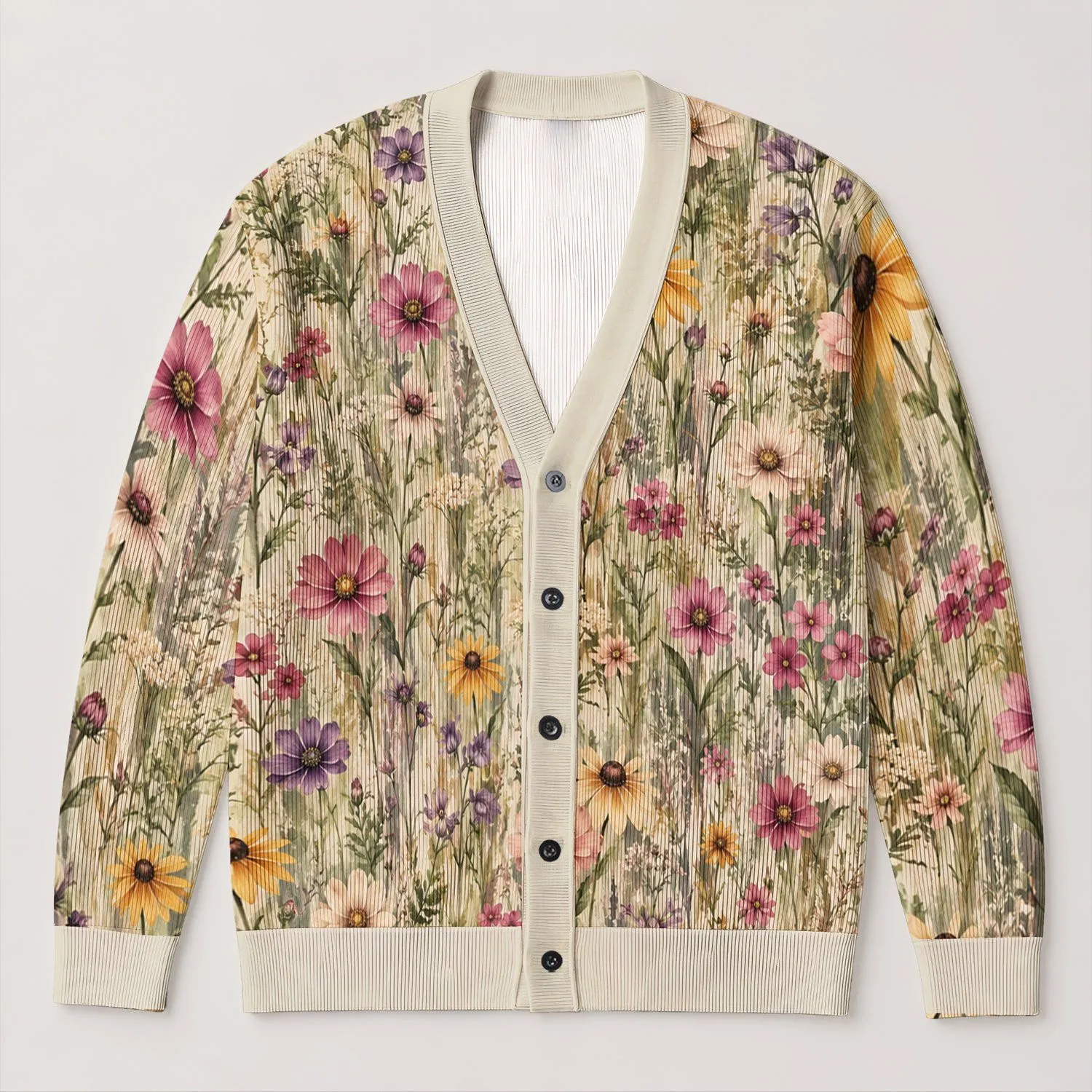 Vintage Meadow Wildflowers for Relaxed Spring Days and Everyday Garden Wandering All-over Print Knitted Cardigan - 1