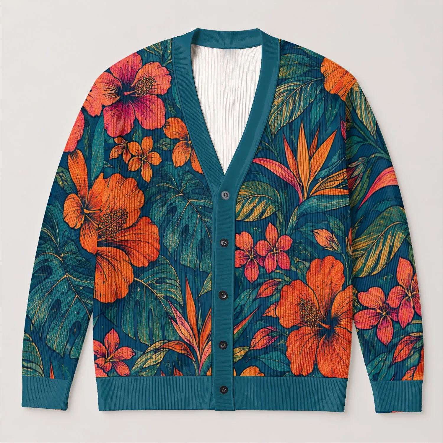 Tropical Teal Floral Motifs for Colorful Everyday Layering and Spring Outings All-over Print Knitted Cardigan - 1