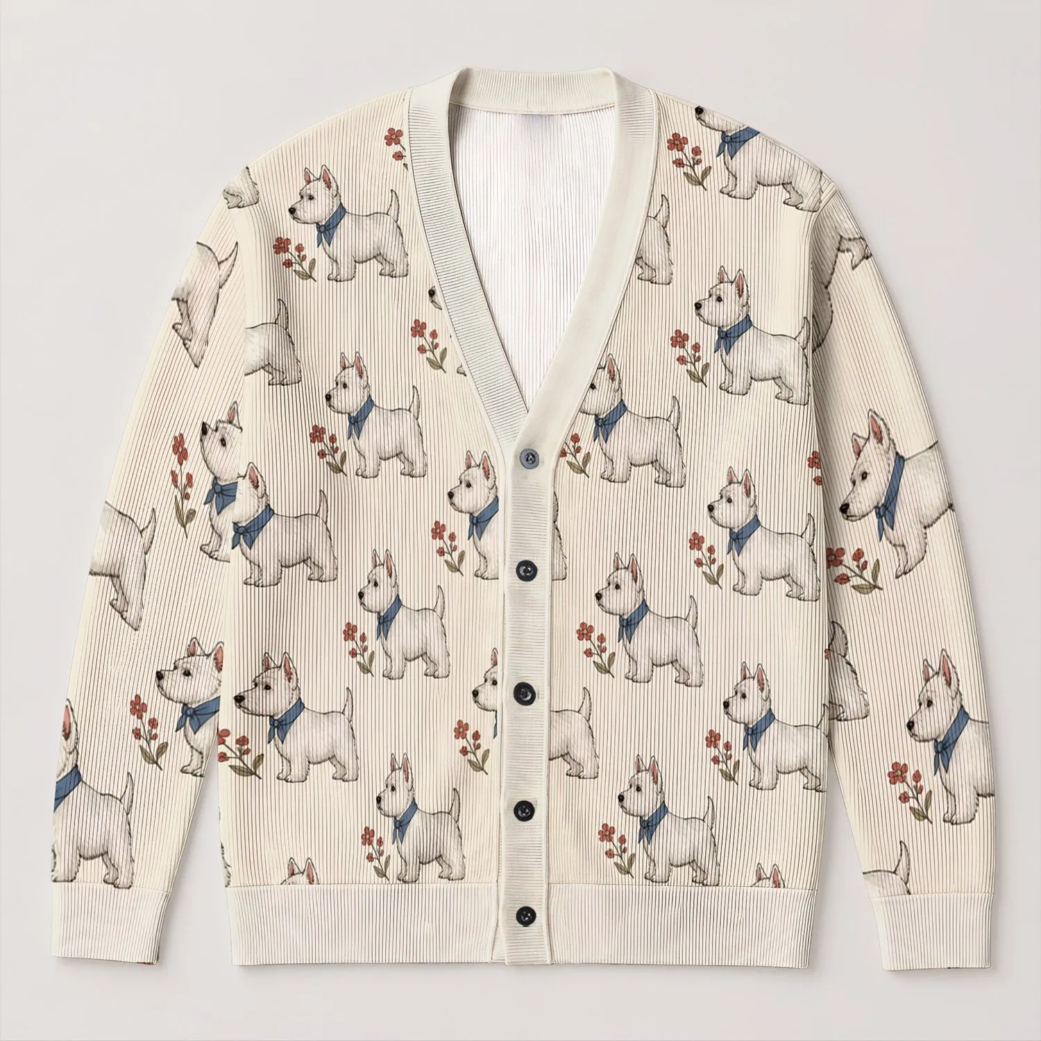 White Terrier And Wildflower Sprigs For Playful Everyday Casual Style All-over Print Knitted Cardigan - 1