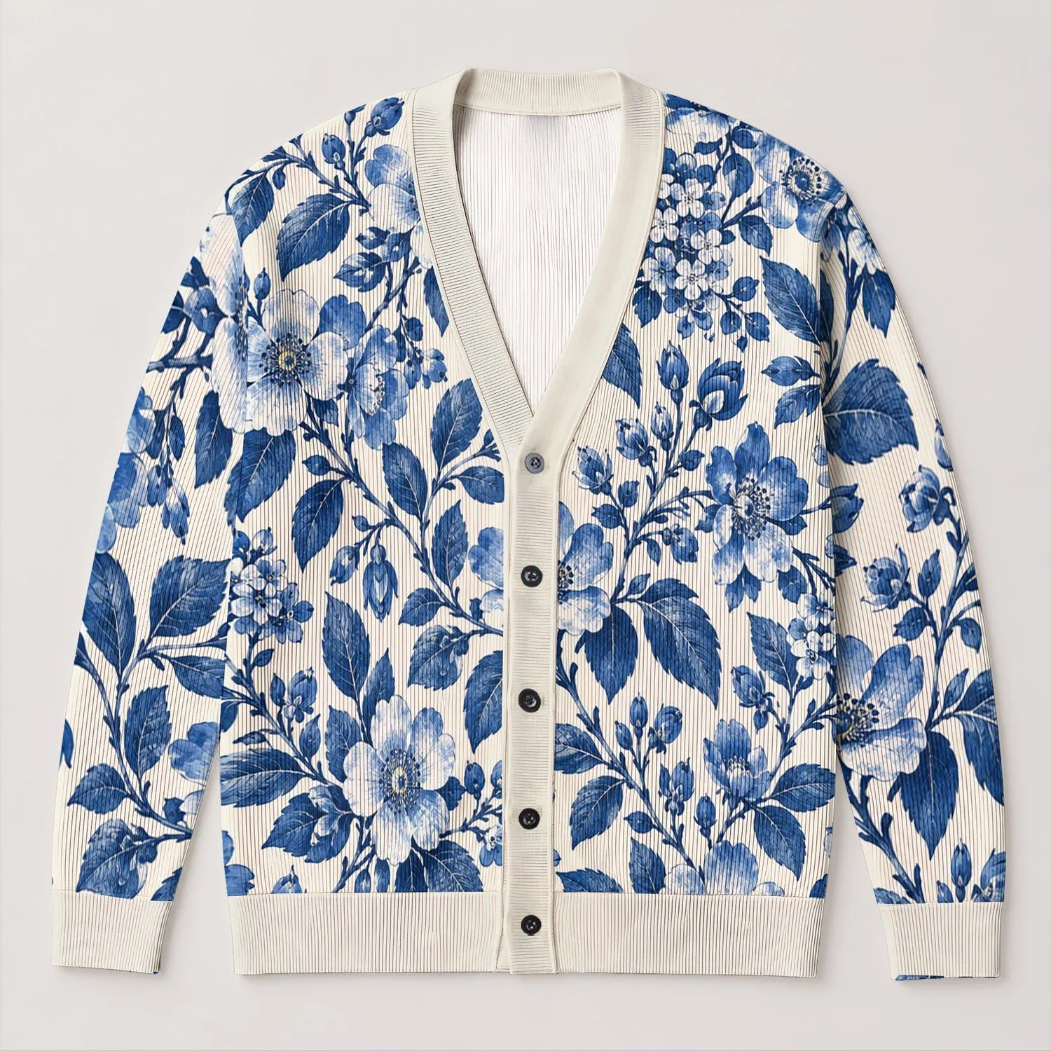 Blue Indigo Floral Botanical Blooms for Relaxed Everyday Layering and Weekend Wear All-over Print Knitted Cardigan - 1