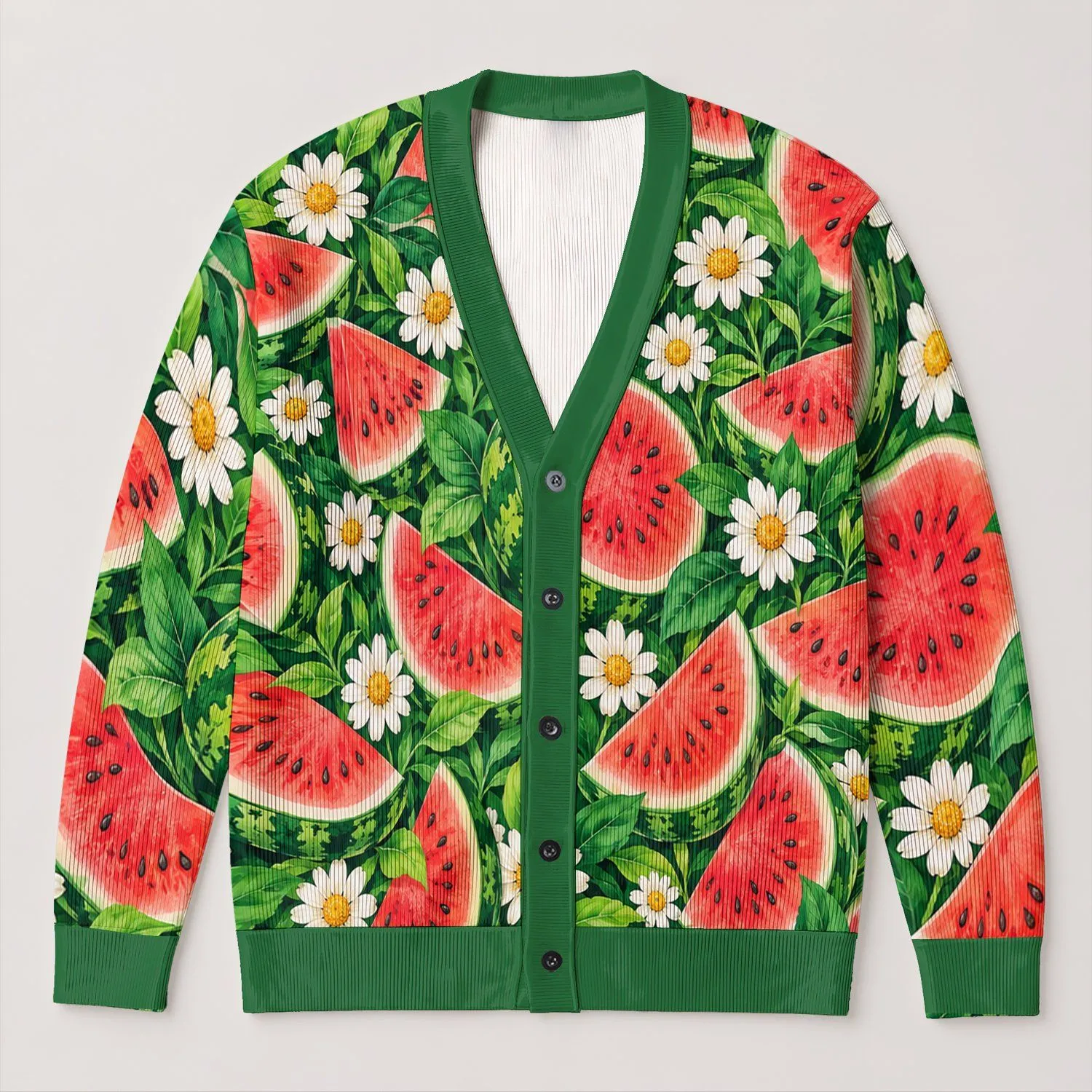 Watermelon Slices and Daisies for Bright Everyday Summer Style All-over Print Knitted Cardigan - 1