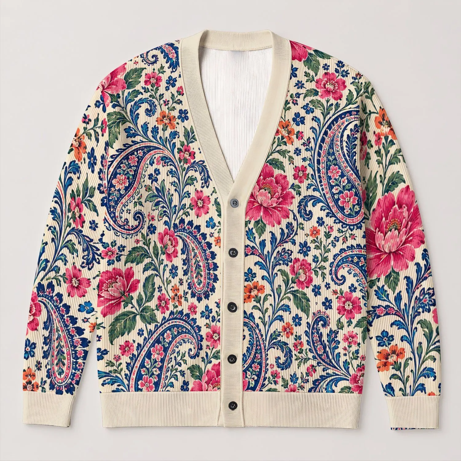 Ivory Paisley Floral Motifs For Colorful Everyday Layering And Spring Outings All-over Print Knitted Cardigan - 1