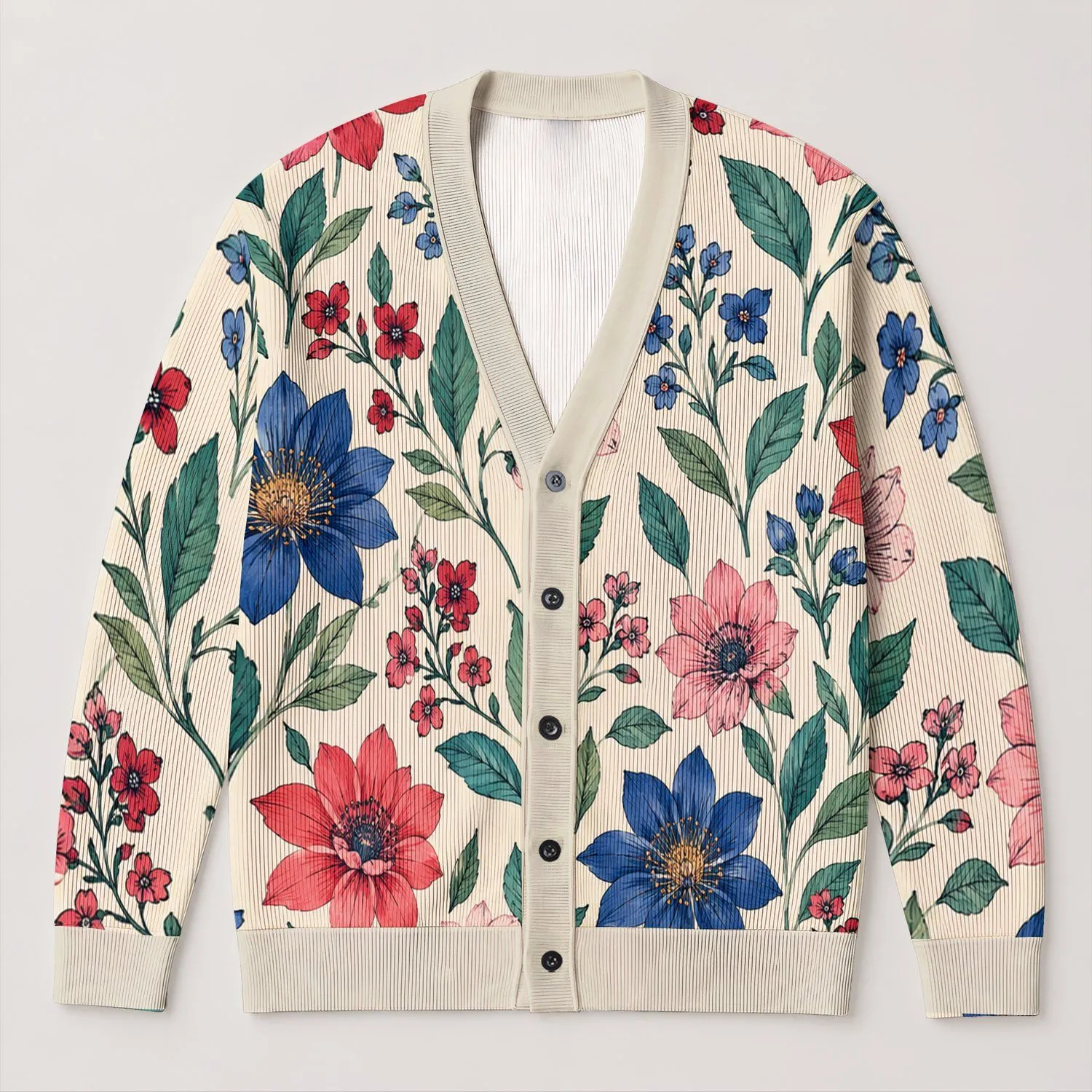Coral And Blue Botanical Florals For Autumn Layering And Everyday Style For Women All-over Print Knitted Cardigan - 1