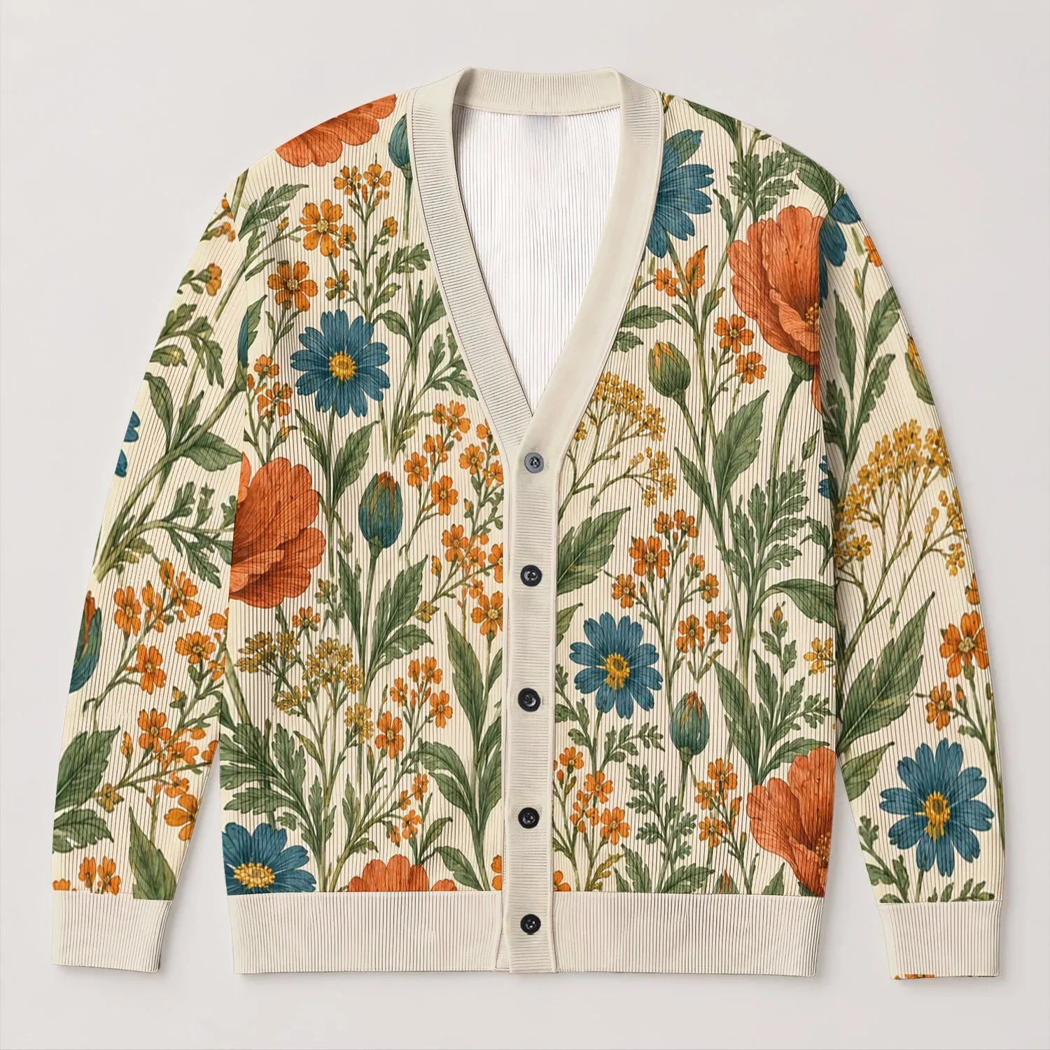 Rust Orange Wildflowers and Teal Daisies for Everyday Autumn Nature Style All-over Print Knitted Cardigan - 1