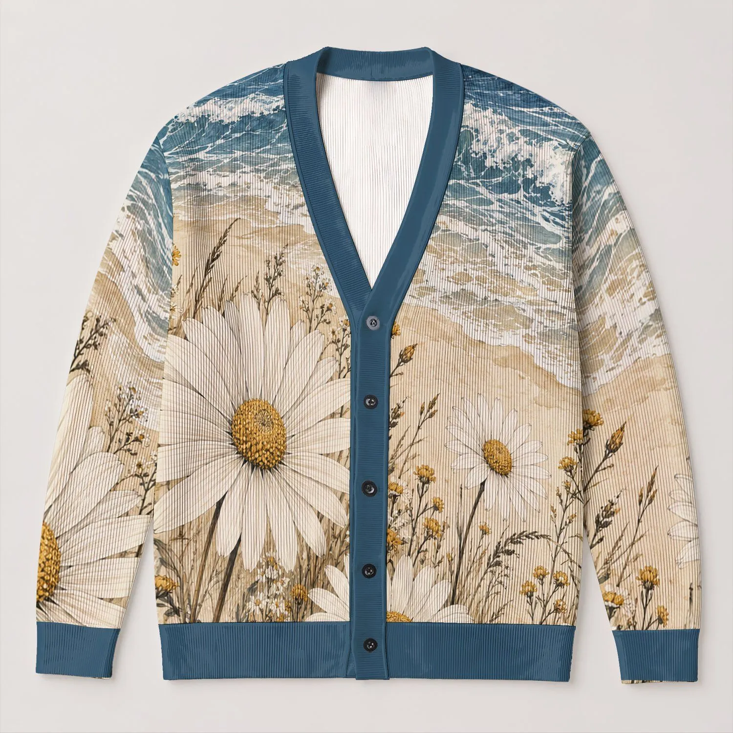 Ocean Waves And Daisy Wildflowers For Relaxed Coastal Everyday Style All-over Print Knitted Cardigan - 1