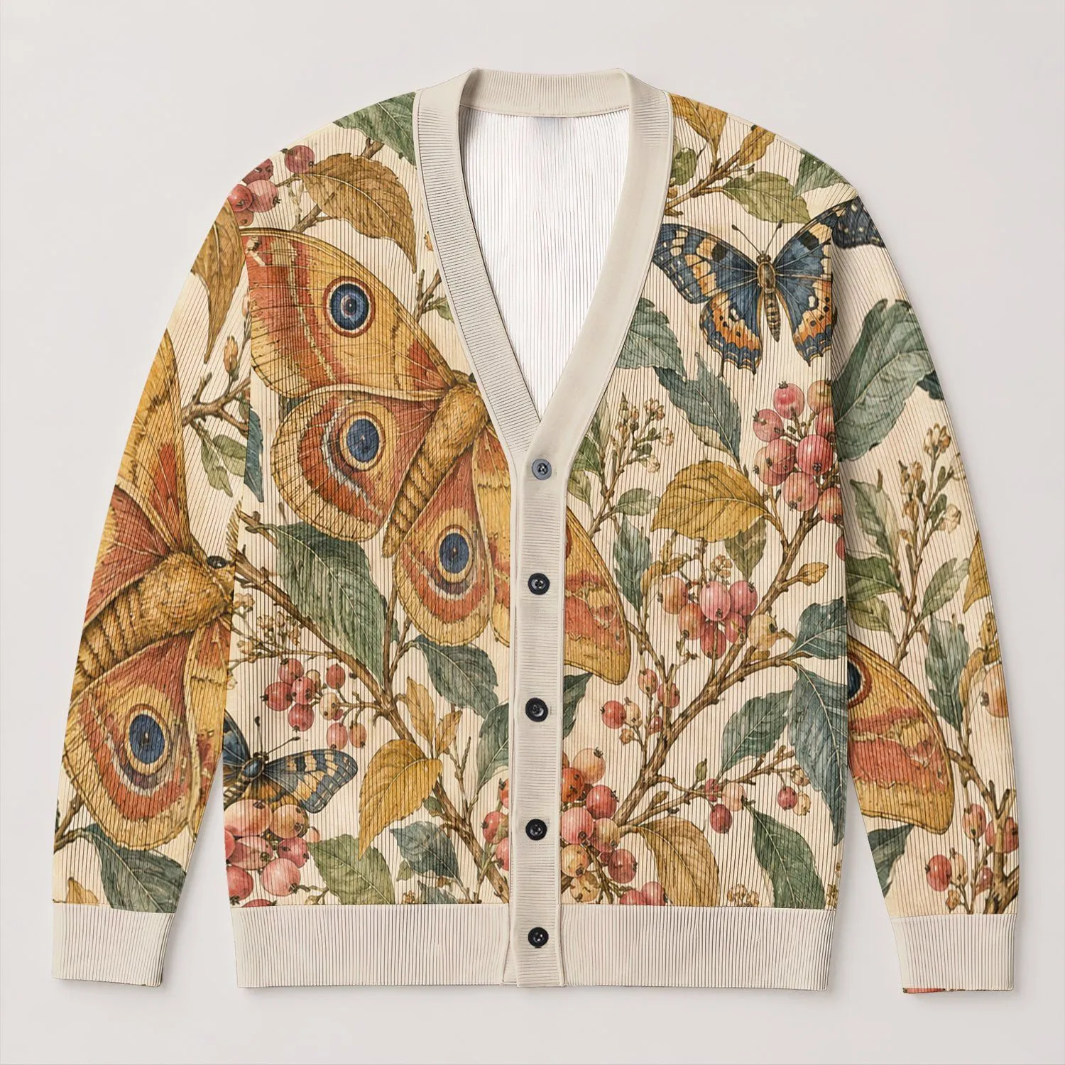 Watercolor Butterflies and Berries for Cozy Autumn Outings and Nature-Loving Women All-over Print Knitted Cardigan - 1