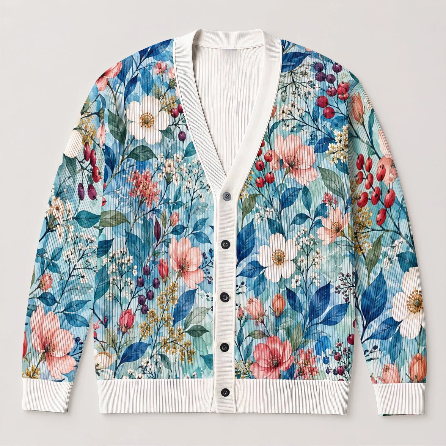 Watercolor Blue Garden Florals for Relaxed Everyday Layering and Spring Outings All-over Print Knitted Cardigan - 1