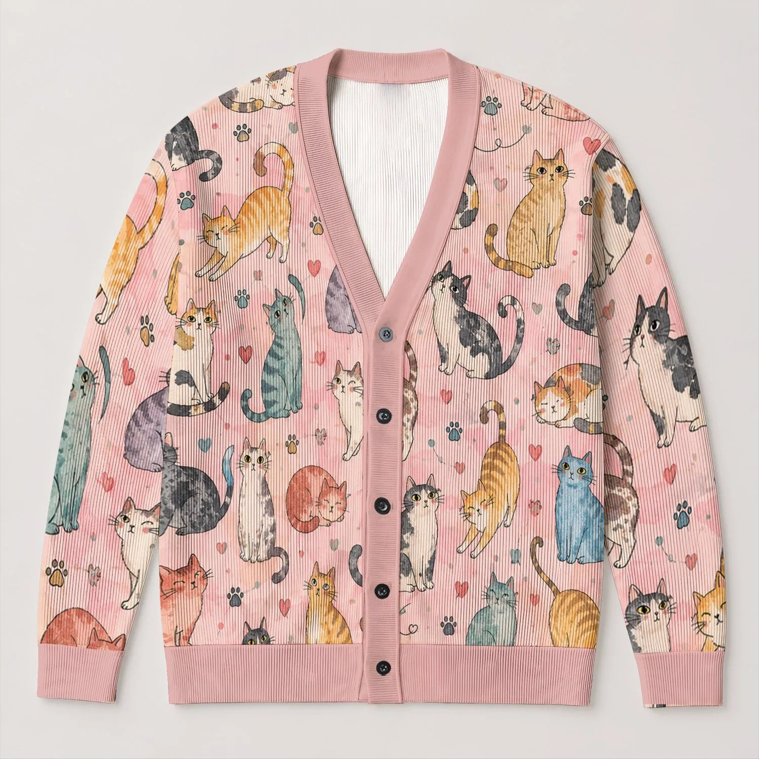 Colorful Whimsical Cat Parade for Cozy Autumn Days and Relaxed Everyday Layering All-over Print Knitted Cardigan - 1