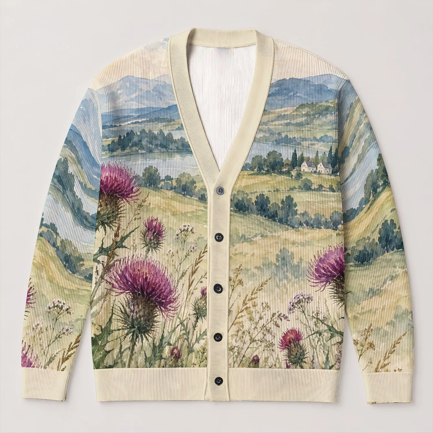 Watercolor Meadow Thistles and Hills for Relaxed Autumn Layering All-over Print Knitted Cardigan - 1