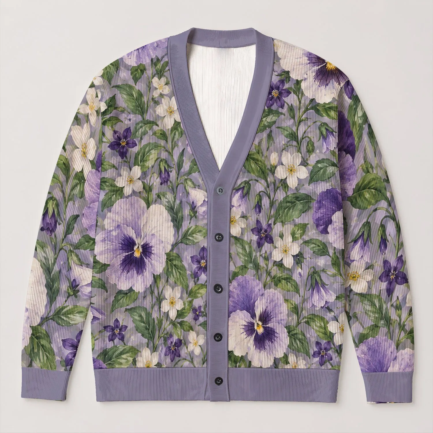 Purple Wildflowers and Pansies for Cozy Autumn Days and Relaxed Everyday Layering All-over Print Knitted Cardigan - 1